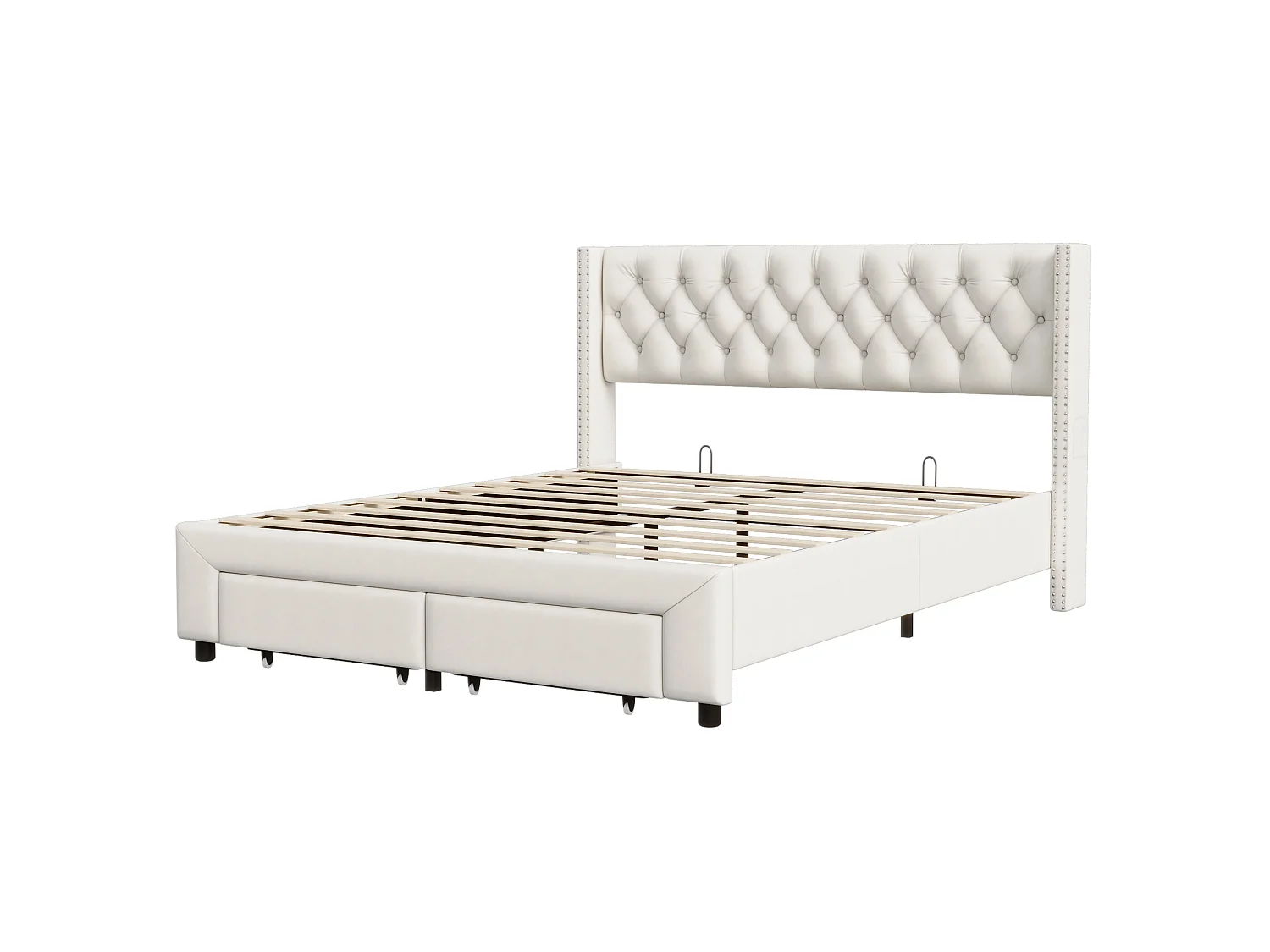 DreamMespace Cadre de Lit 180x200 cm - Lit King Size 2 Tiroirs avec Prise USB & LED RGB, Capitonnage Velours Beige