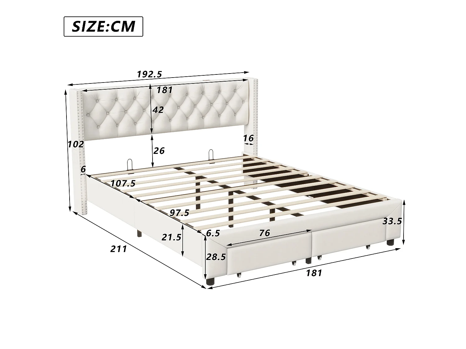 DreamMespace Cadre de Lit 180x200 cm - Lit King Size 2 Tiroirs avec Prise USB & LED RGB, Capitonnage Velours Beige