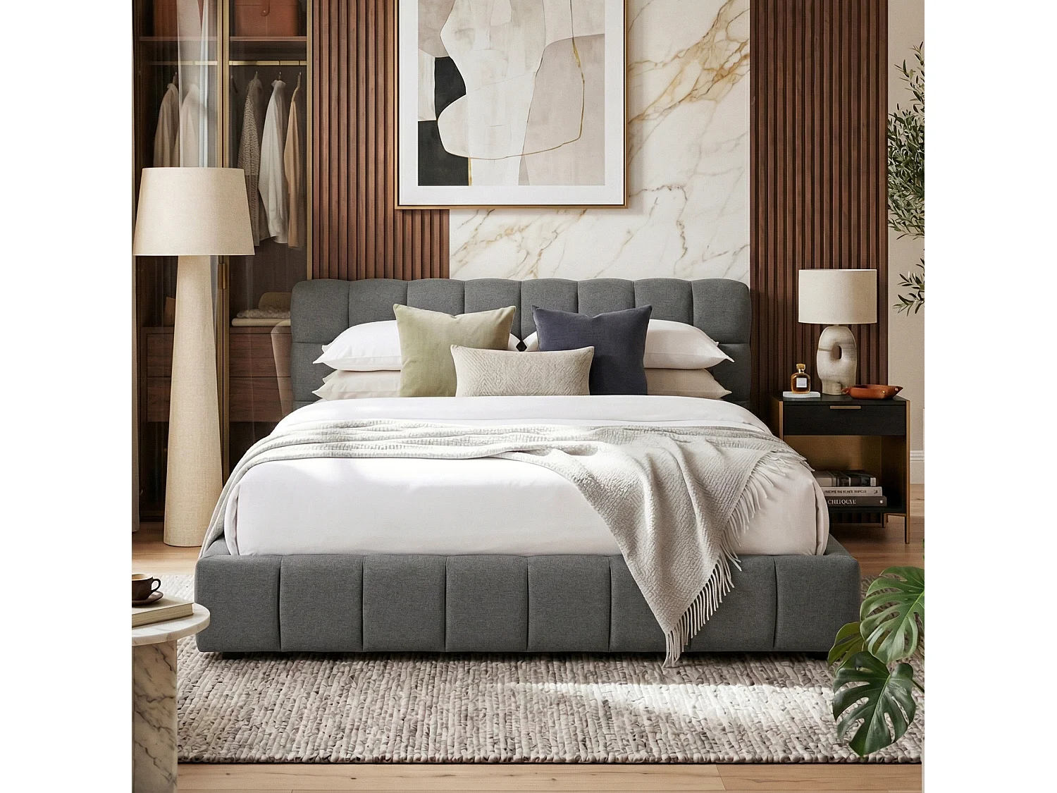 DreamMespace Lit Double 140x200 cm - Cadre de Lit Rembourré Bords Larges avec Matelas Encastré, Tissu Lin Gris
