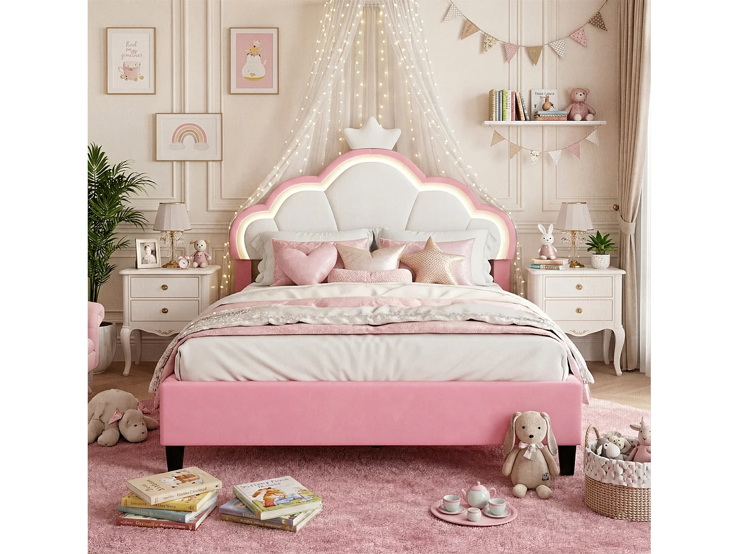 DreamMespace Lit Couronne 140x190 cm - Lit Double Rembourré LED RGB avec Sommier à Lattes, Velours Rose et Blanc