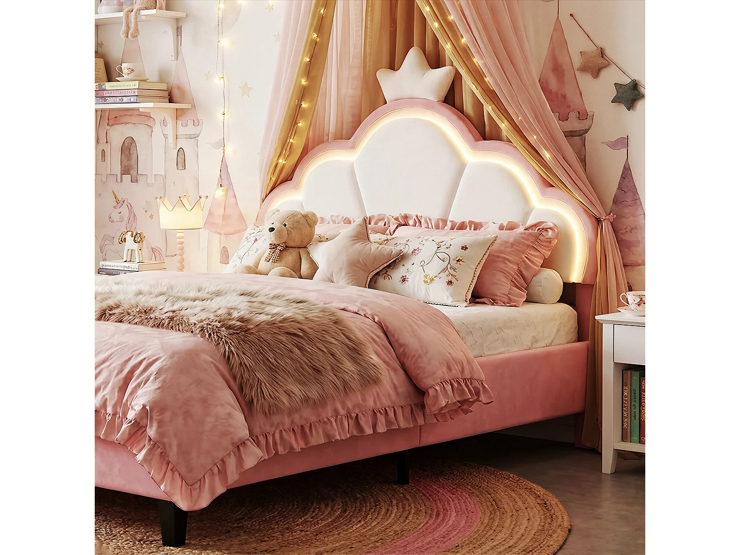 DreamMespace Lit Couronne 140x190 cm - Lit Double Rembourré LED RGB avec Sommier à Lattes, Velours Rose et Blanc