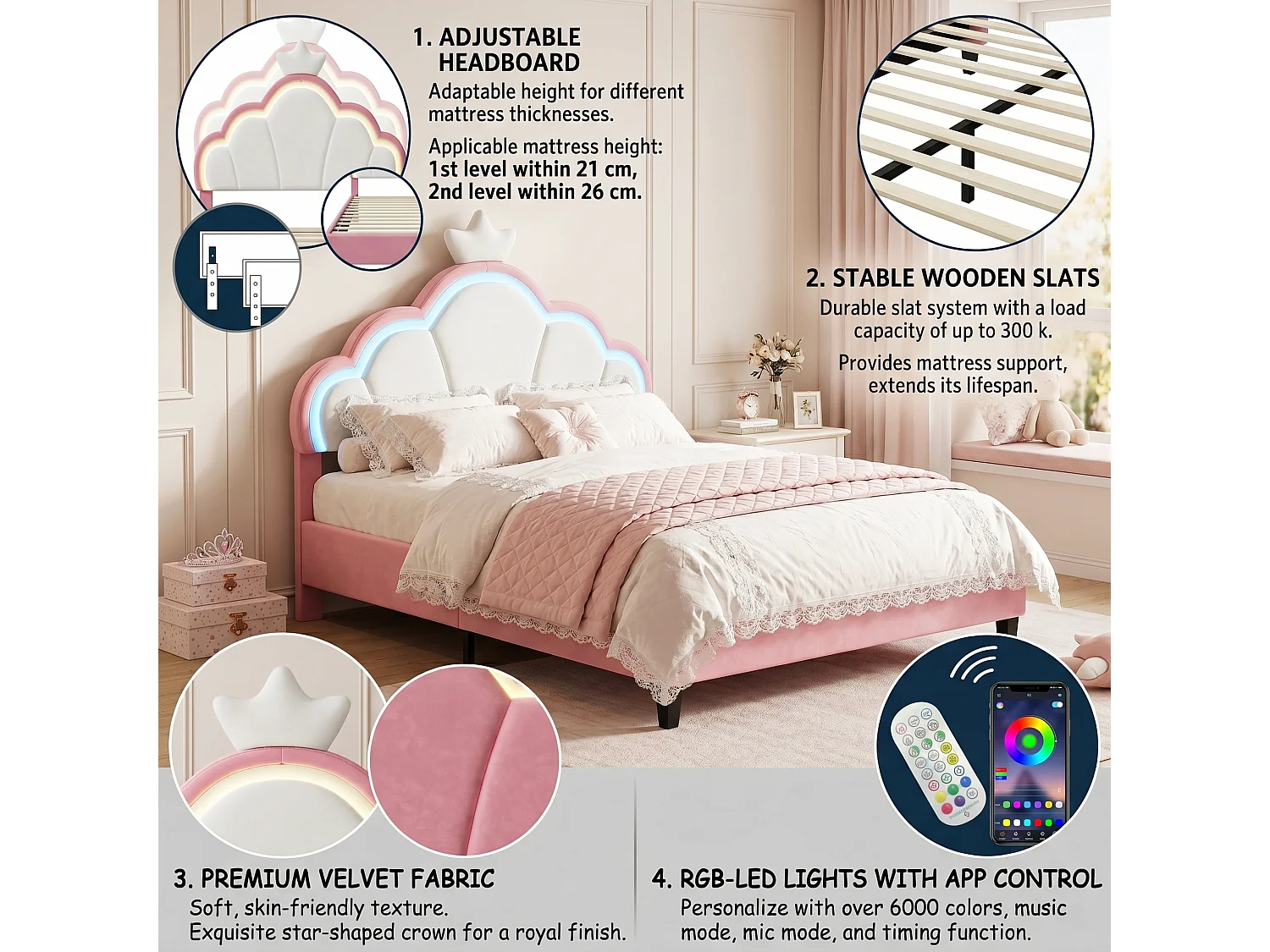 DreamMespace Lit Couronne 140x190 cm - Lit Double Rembourré LED RGB avec Sommier à Lattes, Velours Rose et Blanc