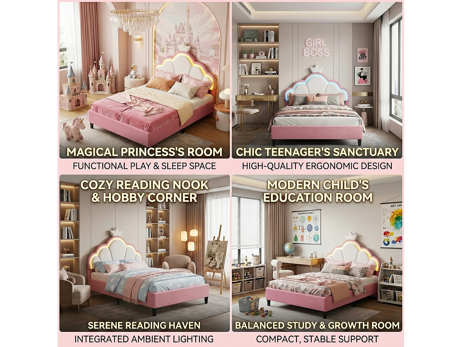 DreamMespace Lit Couronne 140x190 cm - Lit Double Rembourré LED RGB avec Sommier à Lattes, Velours Rose et Blanc