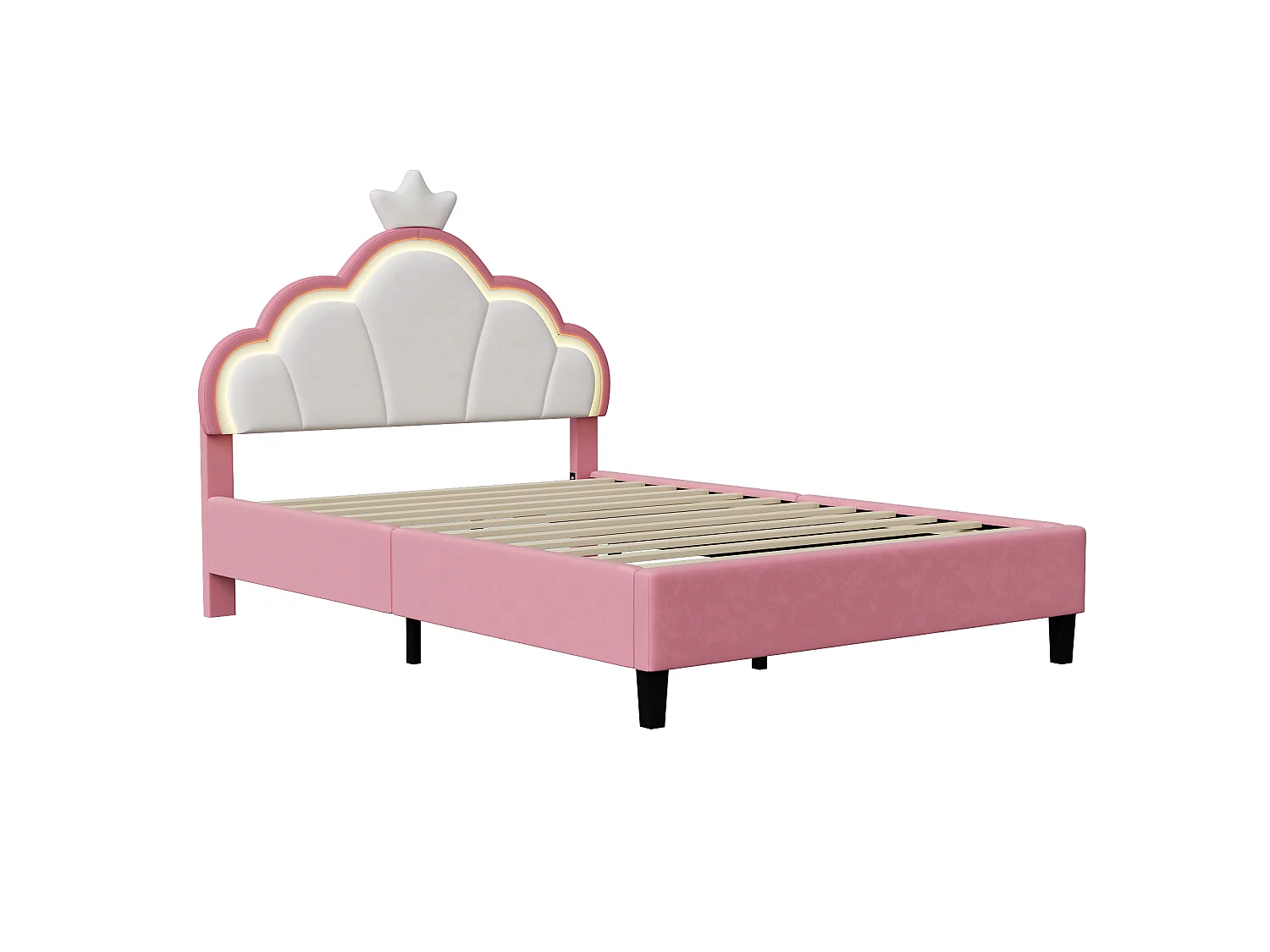 DreamMespace Lit Couronne 140x190 cm - Lit Double Rembourré LED RGB avec Sommier à Lattes, Velours Rose et Blanc