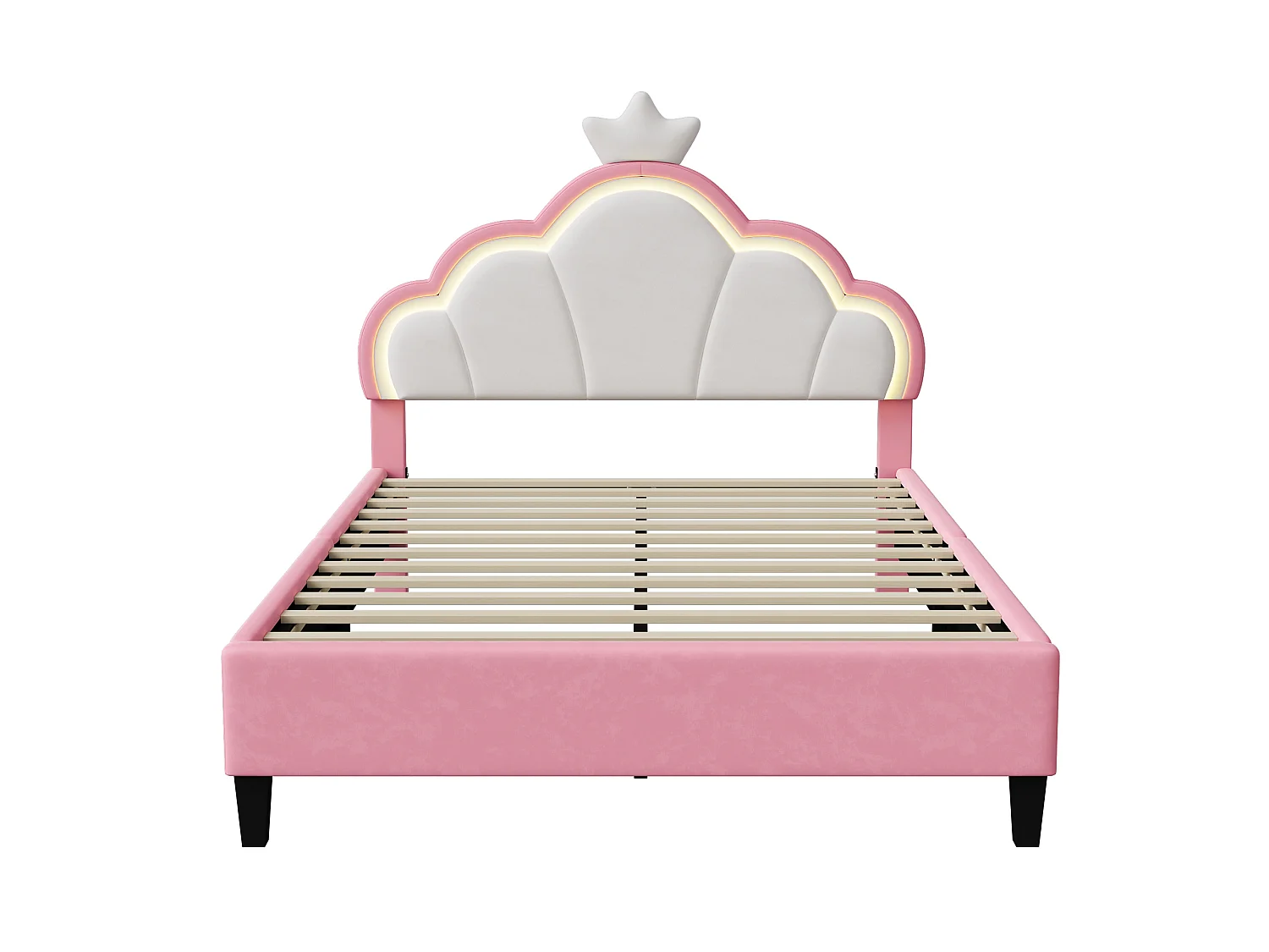 DreamMespace Lit Couronne 140x190 cm - Lit Double Rembourré LED RGB avec Sommier à Lattes, Velours Rose et Blanc