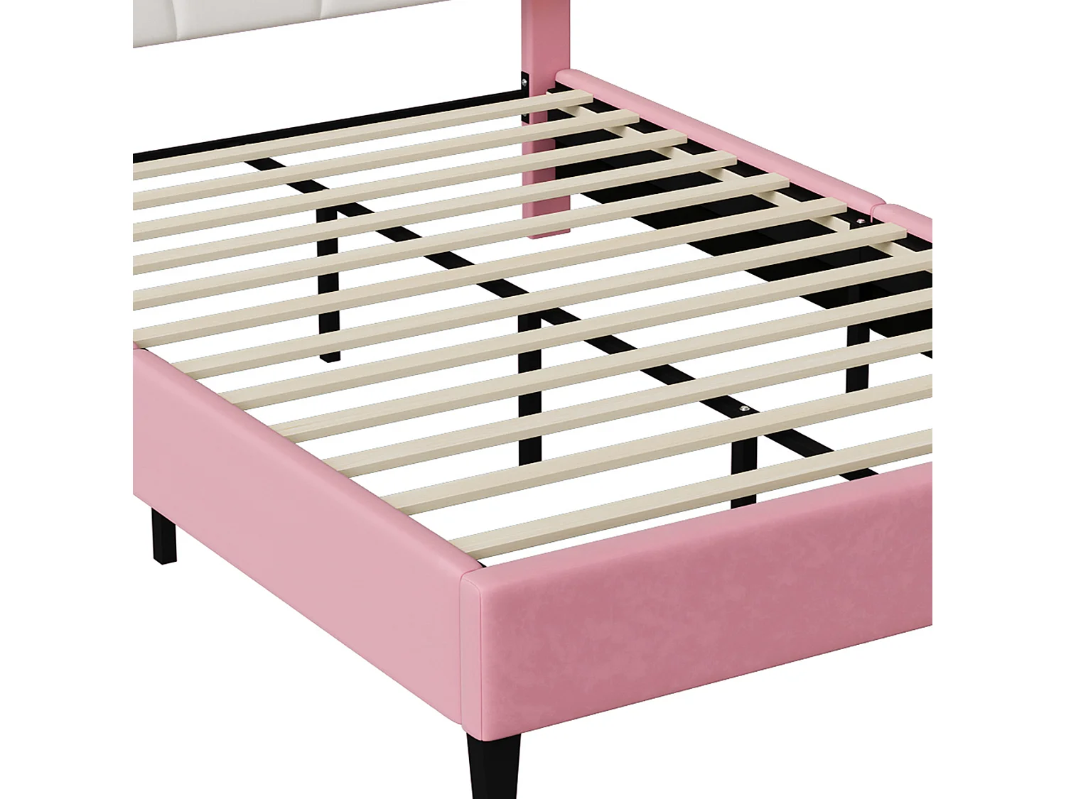 DreamMespace Lit Couronne 140x190 cm - Lit Double Rembourré LED RGB avec Sommier à Lattes, Velours Rose et Blanc