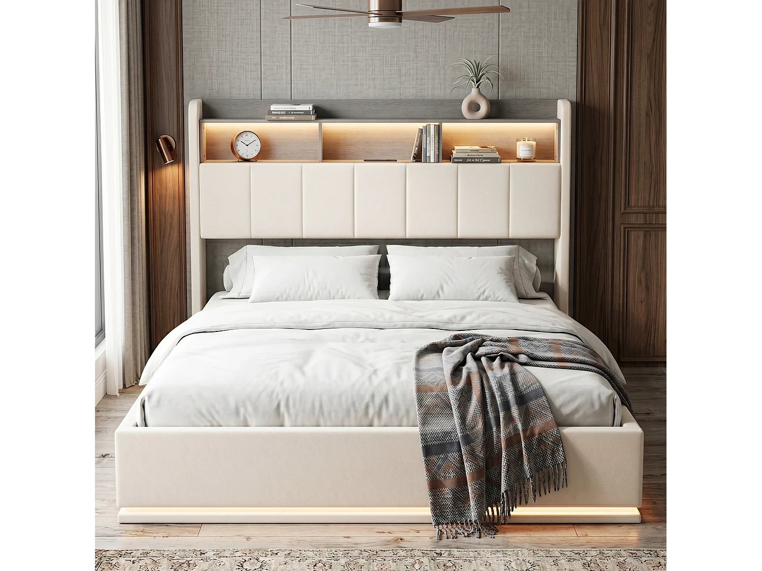 DreamMespace Lit Double 140x190 cm - Lit Coffre Hydraulique avec Tête de Lit Rangement LED & Prise AC USB-C, Velours Blanc