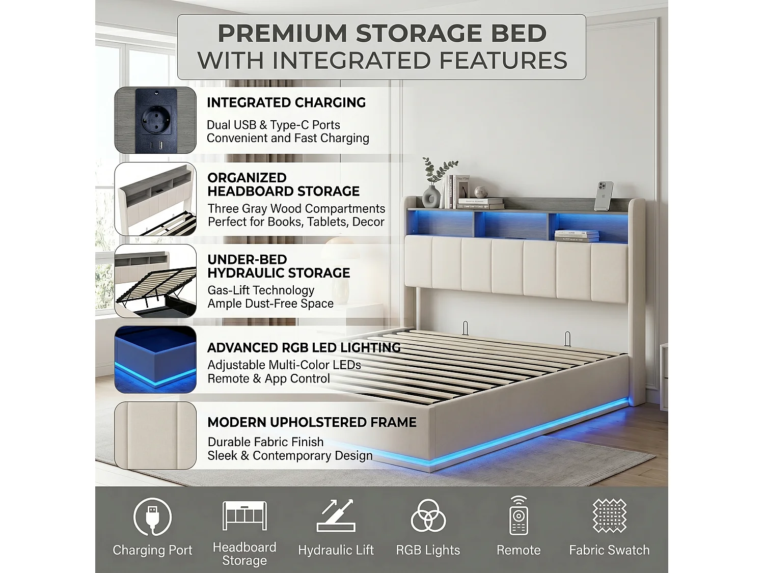 DreamMespace Lit Double 140x190 cm - Lit Coffre Hydraulique avec Tête de Lit Rangement LED & Prise AC USB-C, Velours Blanc
