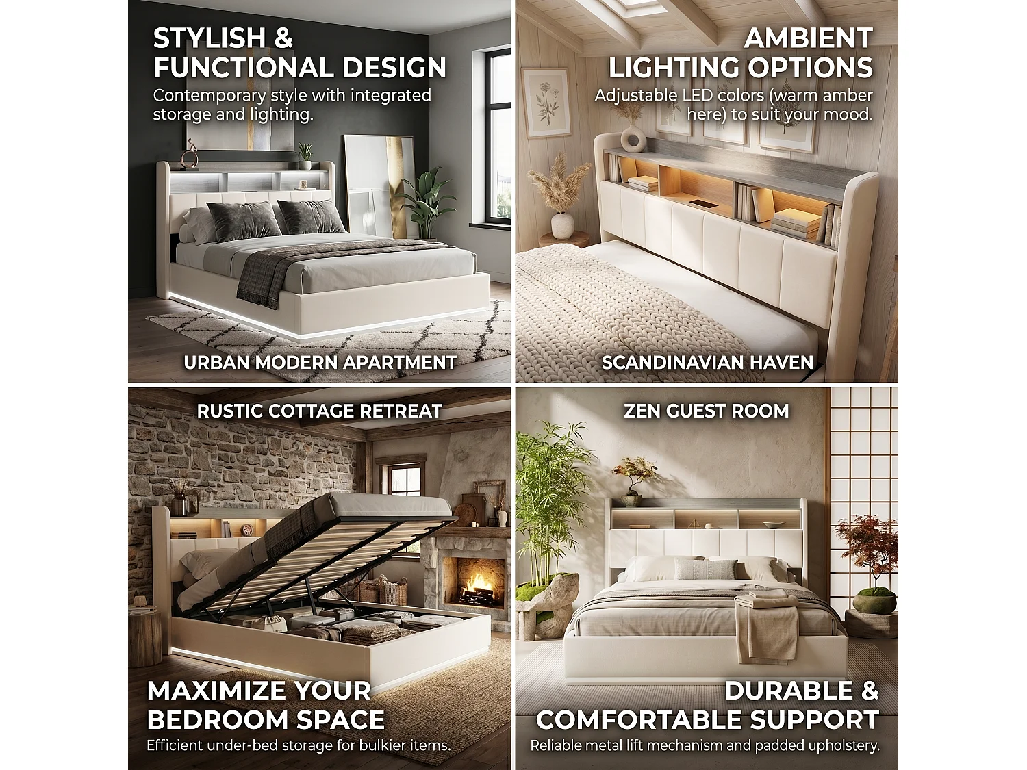 DreamMespace Lit Double 140x190 cm - Lit Coffre Hydraulique avec Tête de Lit Rangement LED & Prise AC USB-C, Velours Blanc