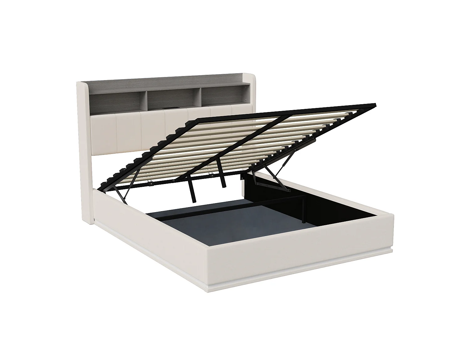 DreamMespace Lit Double 140x190 cm - Lit Coffre Hydraulique avec Tête de Lit Rangement LED & Prise AC USB-C, Velours Blanc