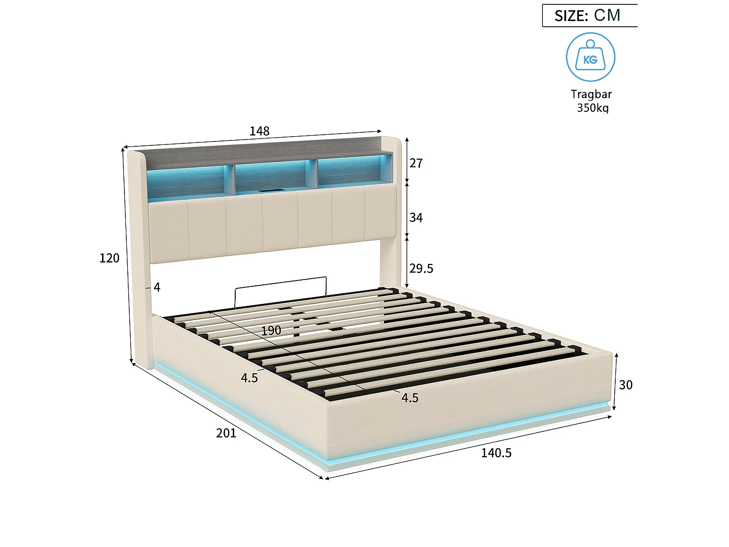 DreamMespace Lit Double 140x190 cm - Lit Coffre Hydraulique avec Tête de Lit Rangement LED & Prise AC USB-C, Velours Blanc