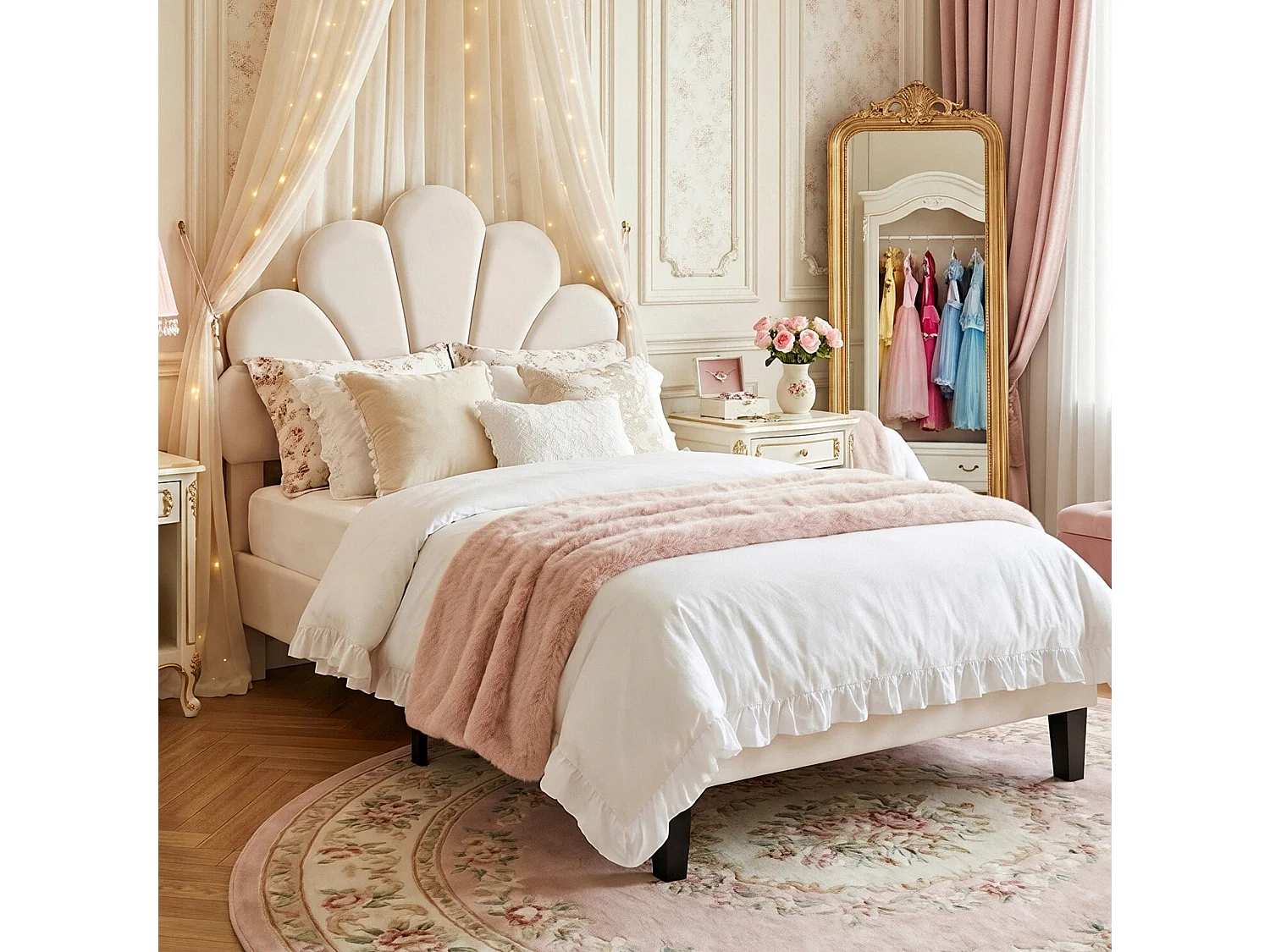 DreamMespace Lit Rembourré 90x200 cm - Lit Enfant Fleur Scallopée & Tête de Lit Réglable, Velours Beige