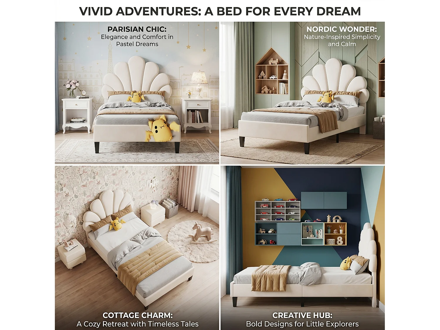 DreamMespace Lit Rembourré 90x200 cm - Lit Enfant Fleur Scallopée & Tête de Lit Réglable, Velours Beige