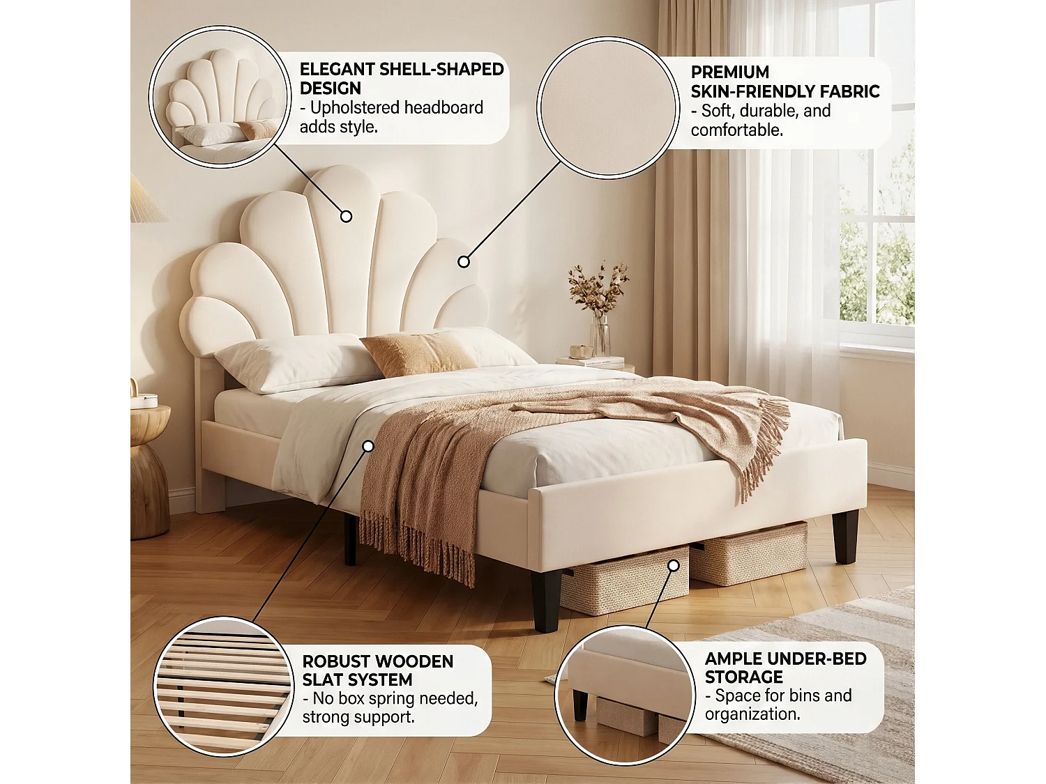 DreamMespace Lit Rembourré 90x200 cm - Lit Enfant Fleur Scallopée & Tête de Lit Réglable, Velours Beige
