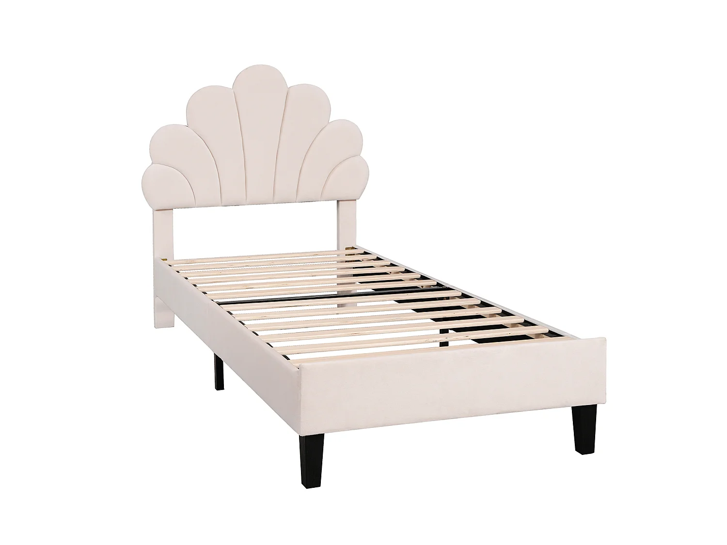 DreamMespace Lit Rembourré 90x200 cm - Lit Enfant Fleur Scallopée & Tête de Lit Réglable, Velours Beige
