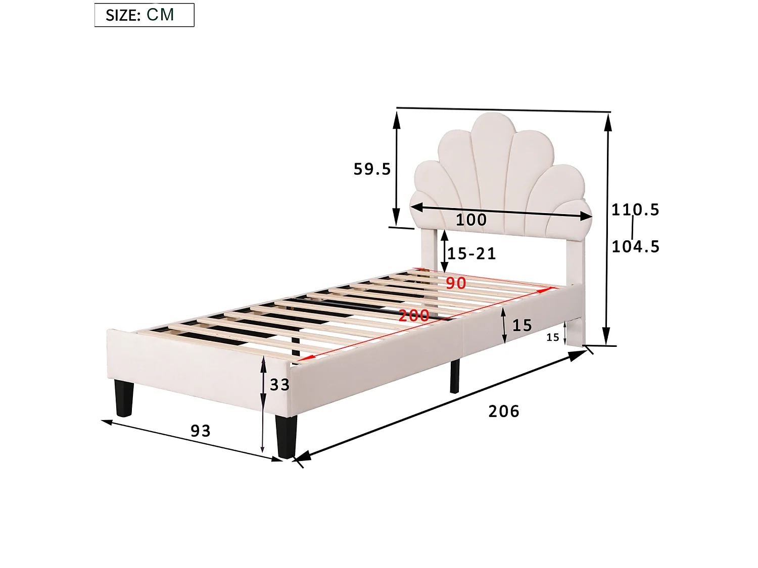 DreamMespace Lit Rembourré 90x200 cm - Lit Enfant Fleur Scallopée & Tête de Lit Réglable, Velours Beige
