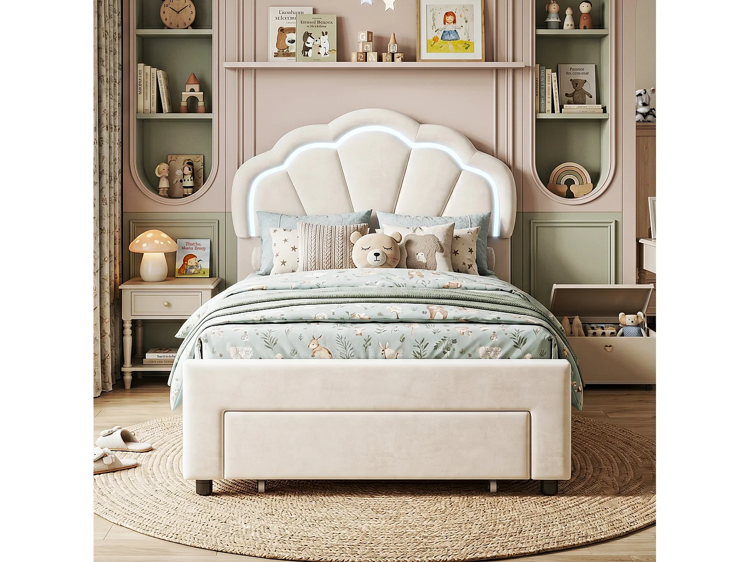 DreamMespace Lit Rembourré 90x200 cm - Lit Enfant Coquille LED RGB & Tiroir de Rangement, Velours Blanc