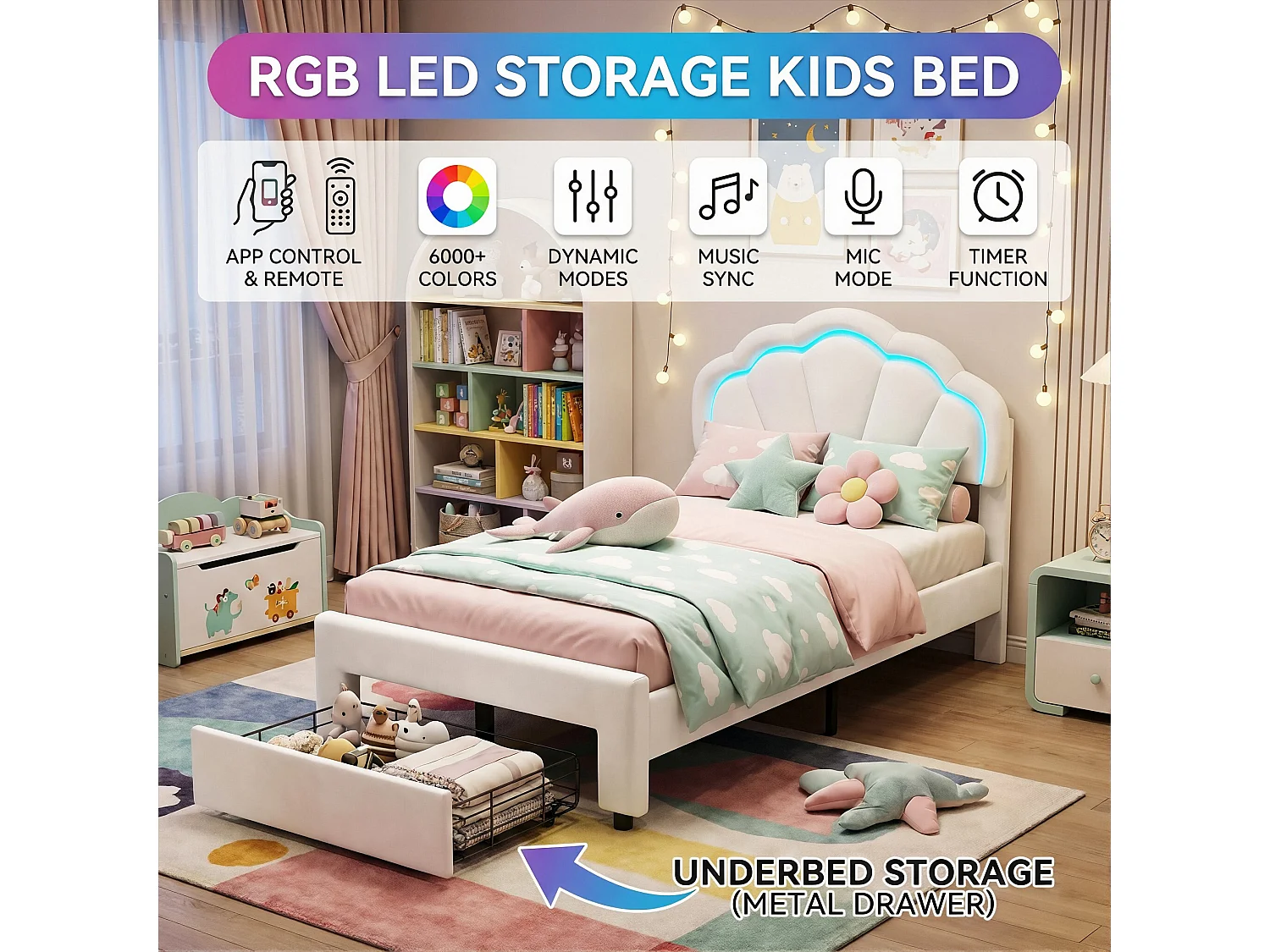 DreamMespace Lit Rembourré 90x200 cm - Lit Enfant Coquille LED RGB & Tiroir de Rangement, Velours Blanc