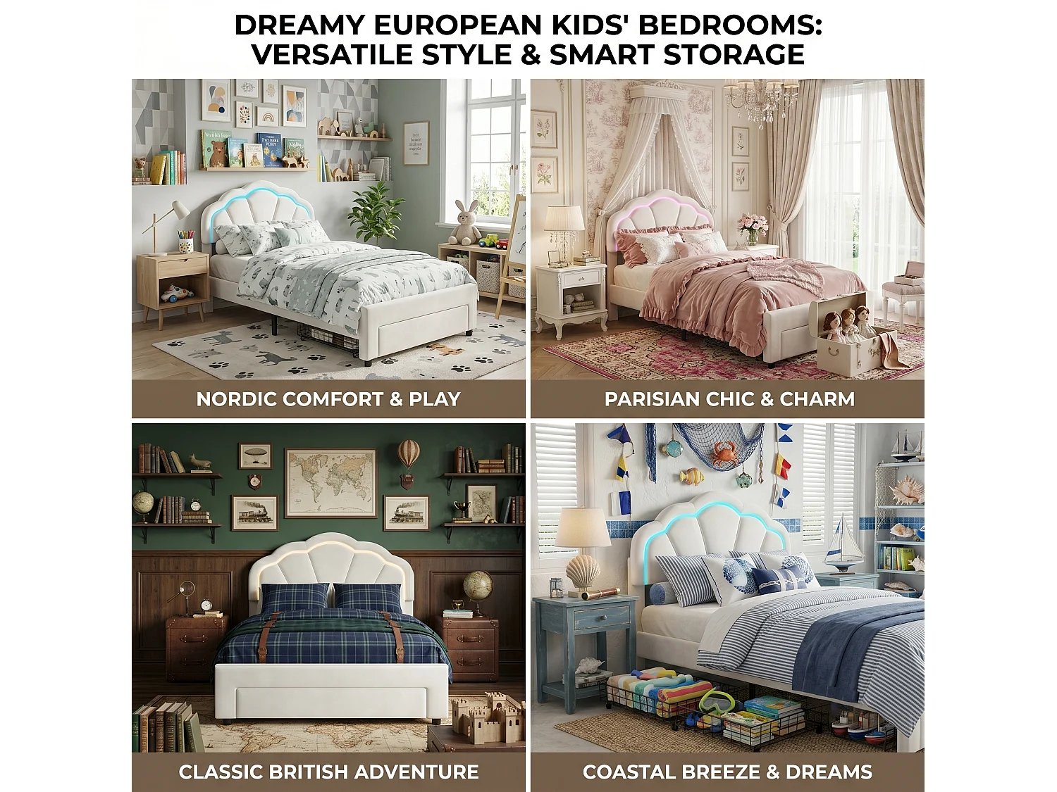 DreamMespace Lit Rembourré 90x200 cm - Lit Enfant Coquille LED RGB & Tiroir de Rangement, Velours Blanc