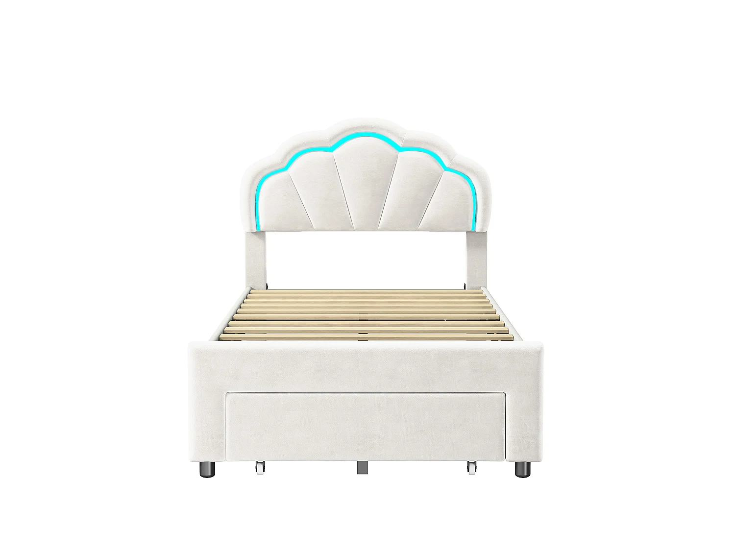 DreamMespace Lit Rembourré 90x200 cm - Lit Enfant Coquille LED RGB & Tiroir de Rangement, Velours Blanc