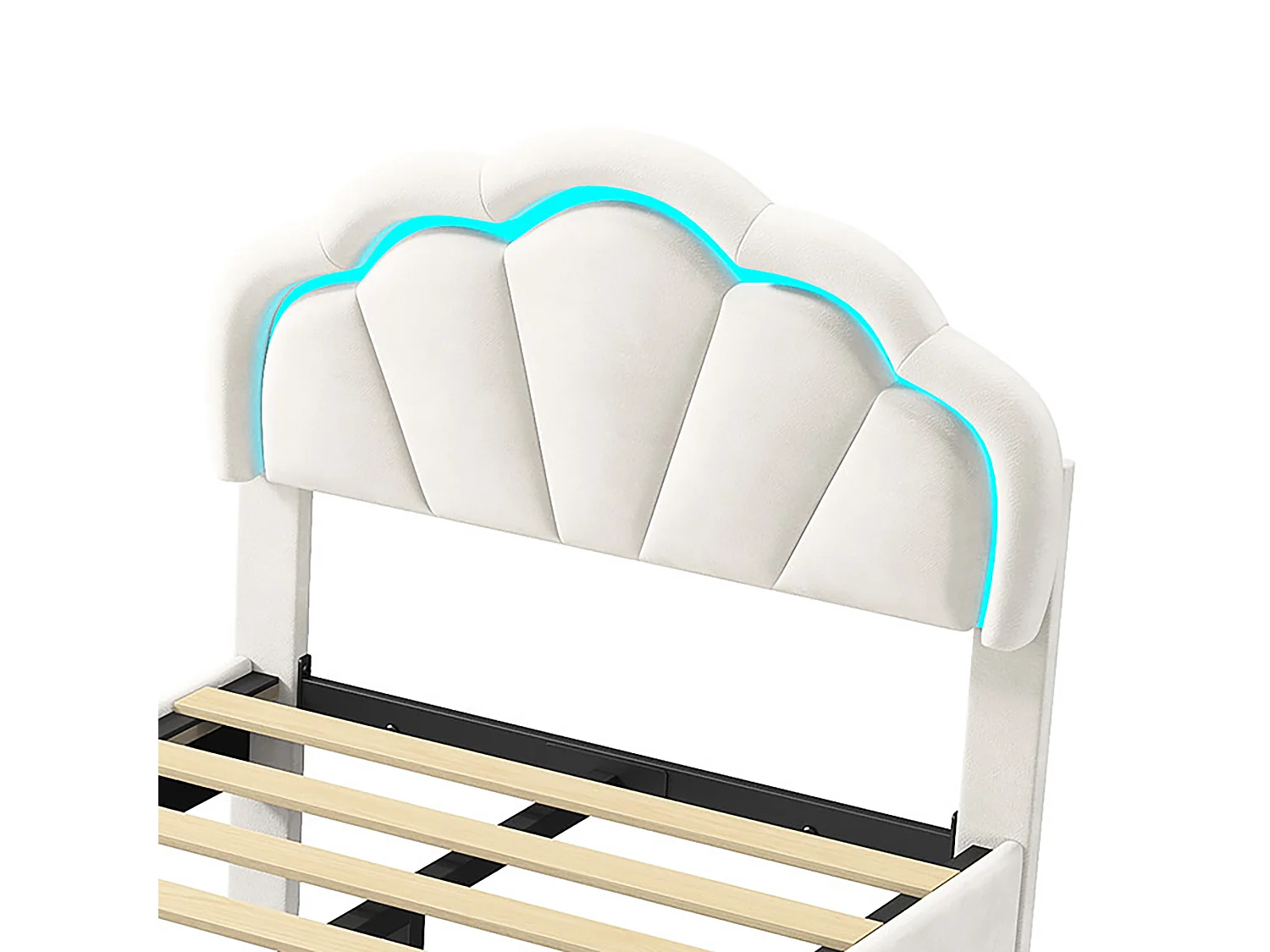DreamMespace Lit Rembourré 90x200 cm - Lit Enfant Coquille LED RGB & Tiroir de Rangement, Velours Blanc