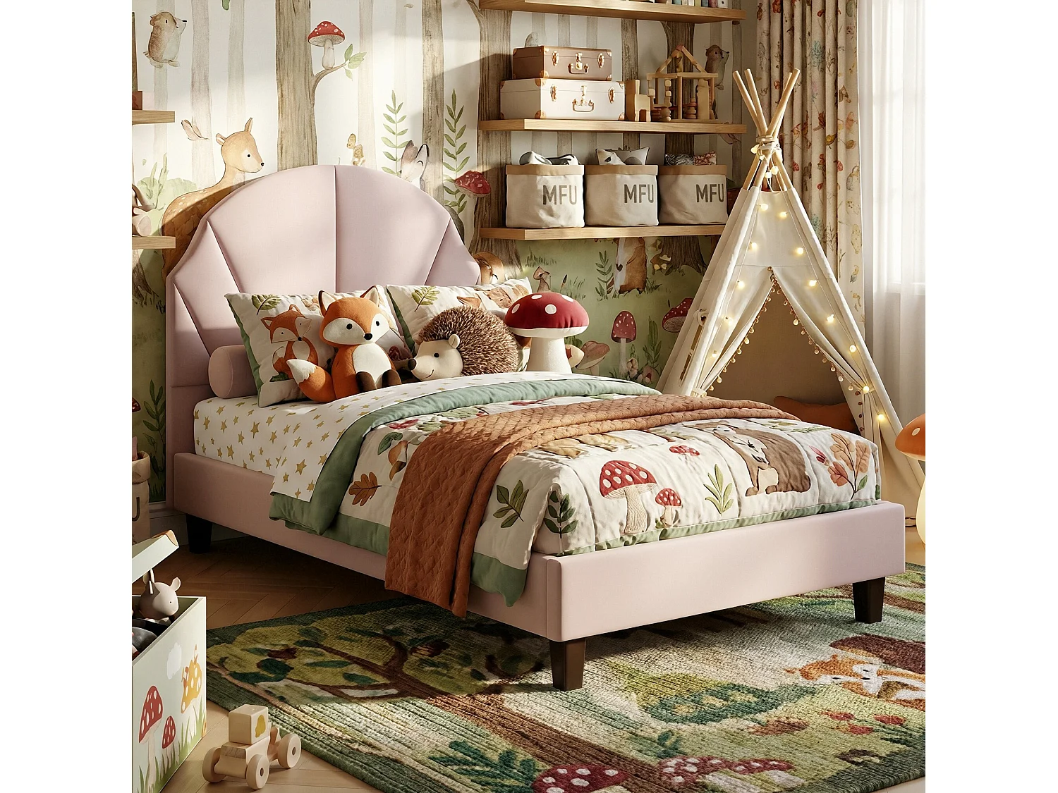 DreamMespace Lit Rembourré 90x200 cm - Lit Enfant Tête de Lit Réglable & Protection Douce, Velours Rose