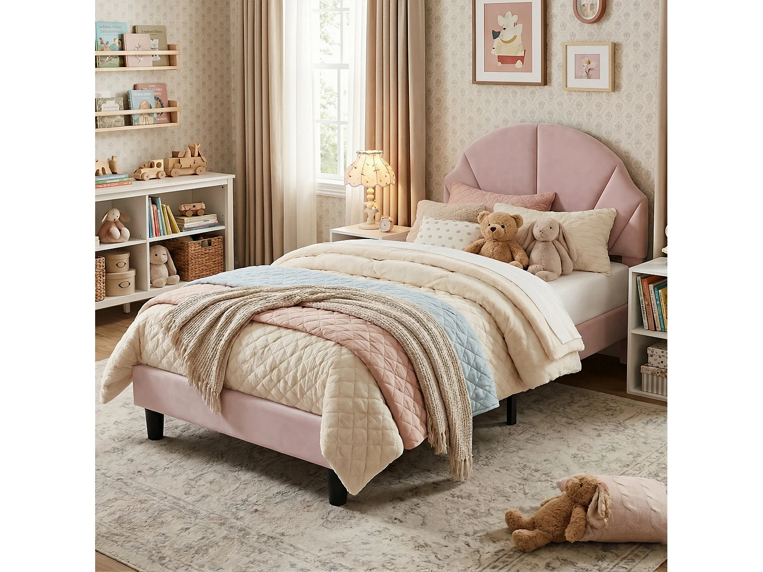 DreamMespace Lit Rembourré 90x200 cm - Lit Enfant Tête de Lit Réglable & Protection Douce, Velours Rose