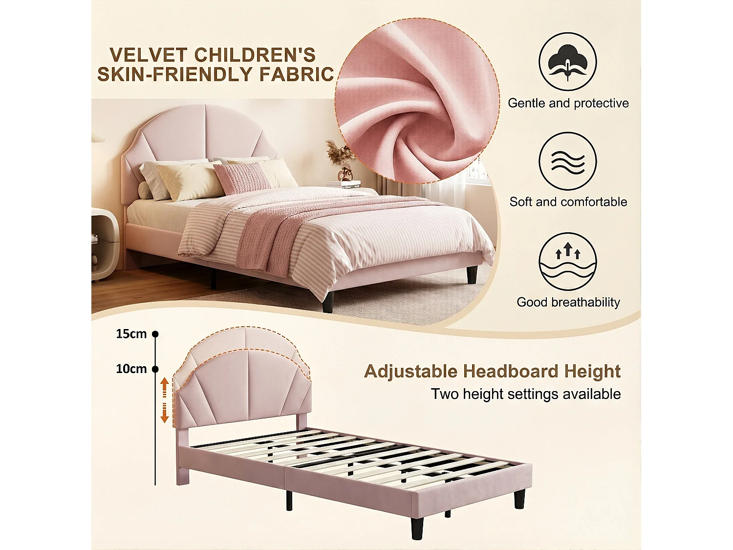 DreamMespace Lit Rembourré 90x200 cm - Lit Enfant Tête de Lit Réglable & Protection Douce, Velours Rose