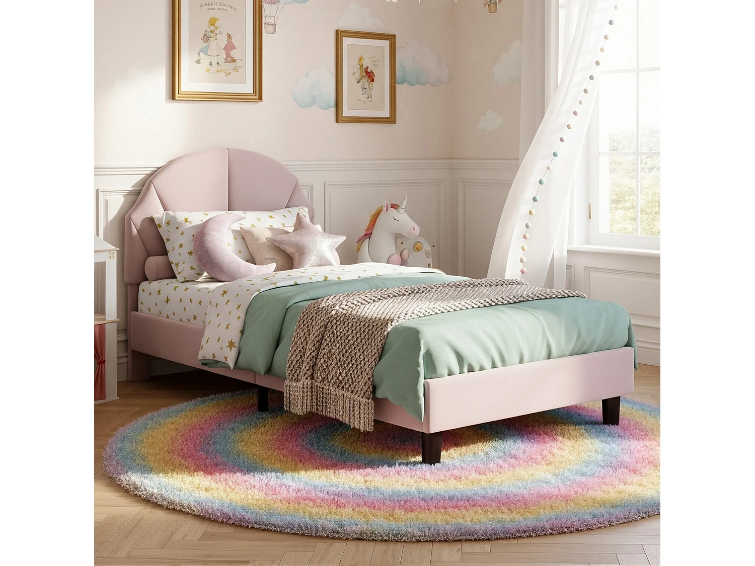 DreamMespace Lit Rembourré 90x200 cm - Lit Enfant Tête de Lit Réglable & Protection Douce, Velours Rose