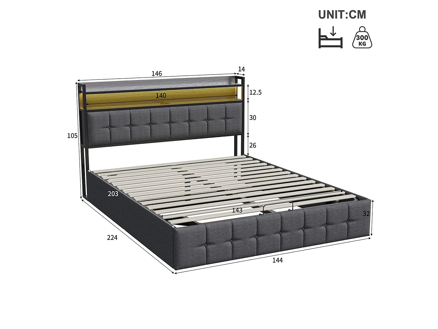 DreamMespace Lit Coffre 140x200 cm - Lit Double Hydraulique avec Tête de Lit Étagère LED & USB-C, Tissu Lin Gris
