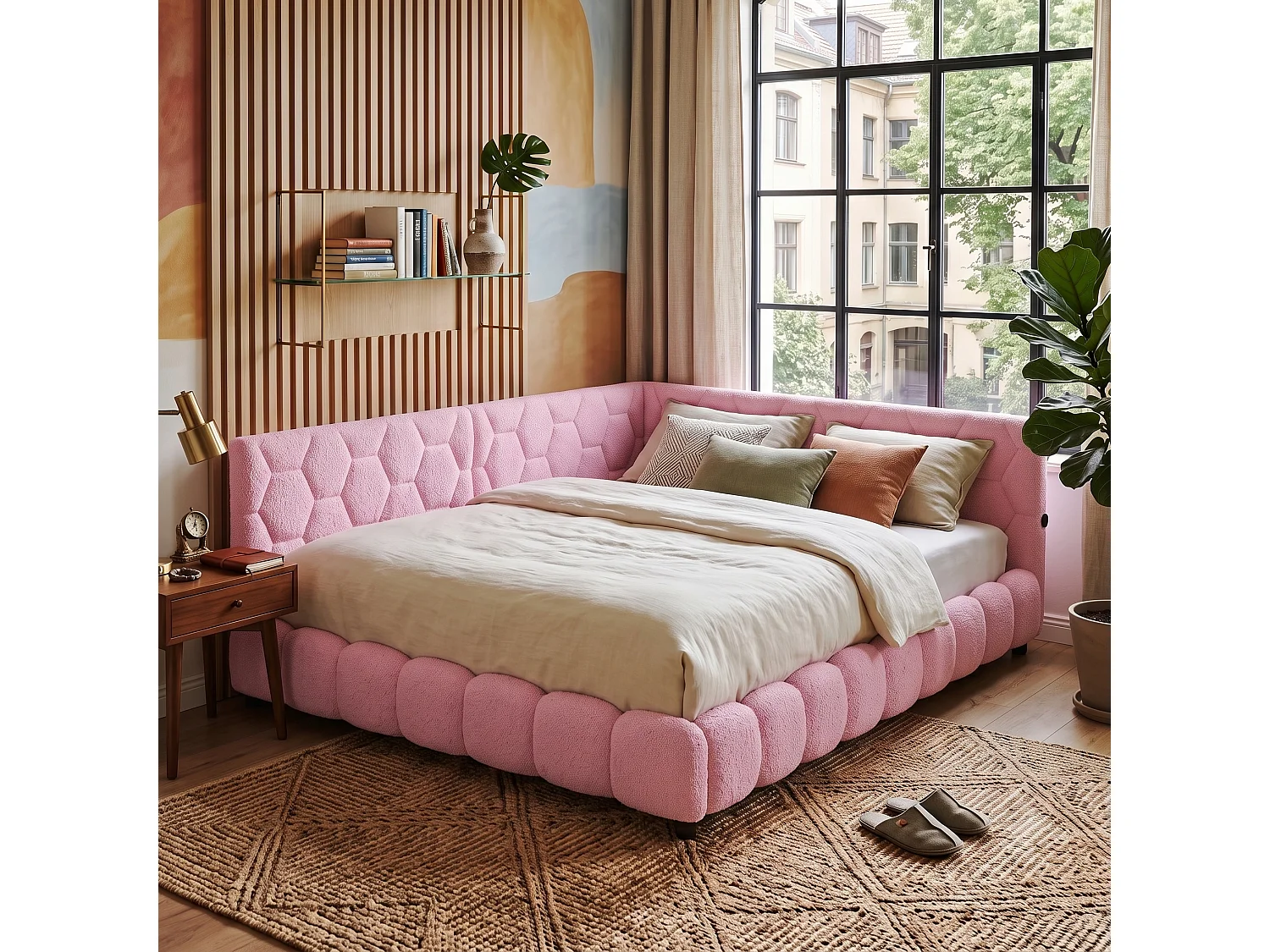 DreamMespace Lit Banquette 140x200 cm - Canapé Lit Double avec LED RGB & Port USB Type-C, Tissu Bouclette Rose