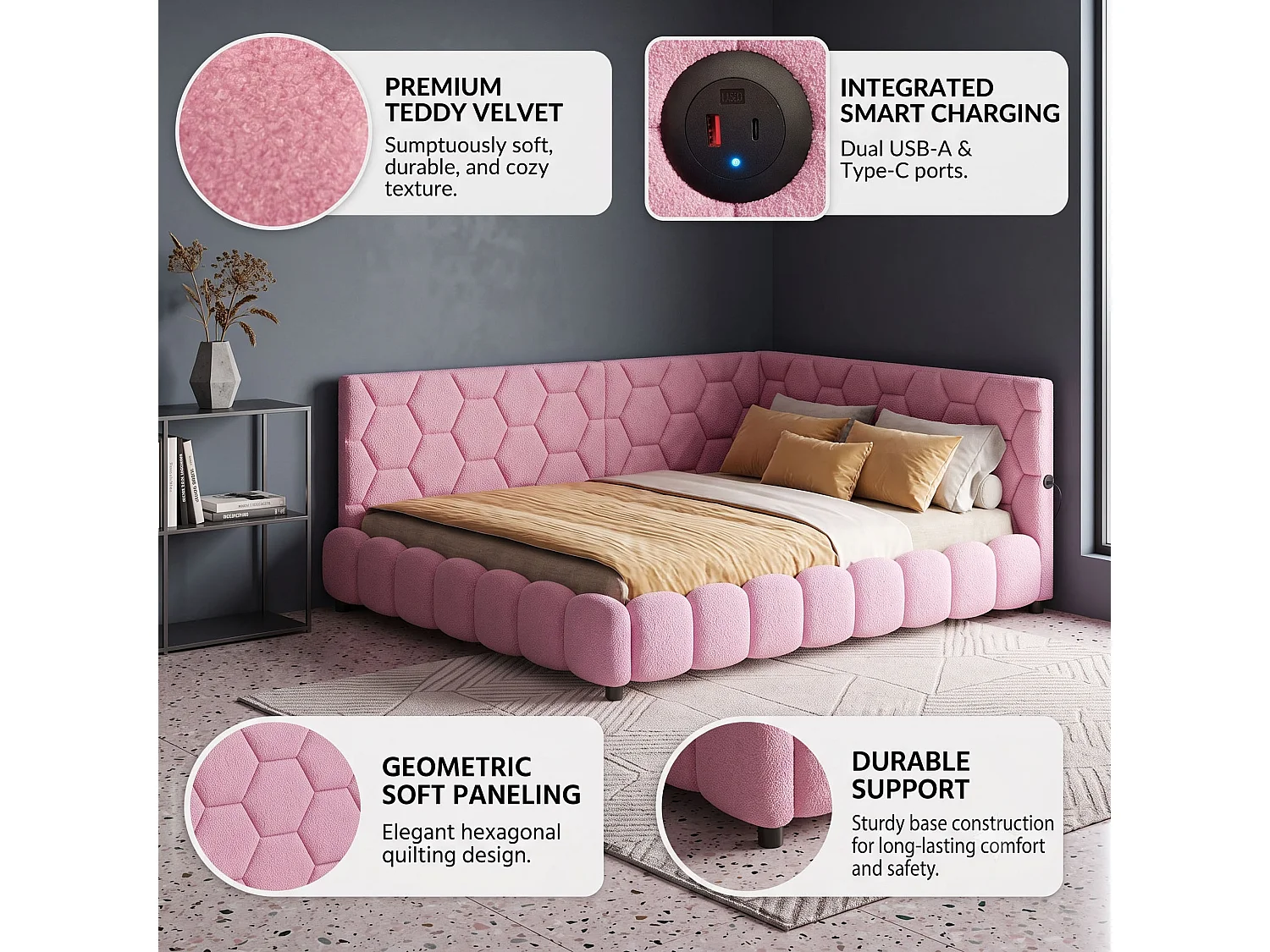 DreamMespace Lit Banquette 140x200 cm - Canapé Lit Double avec LED RGB & Port USB Type-C, Tissu Bouclette Rose