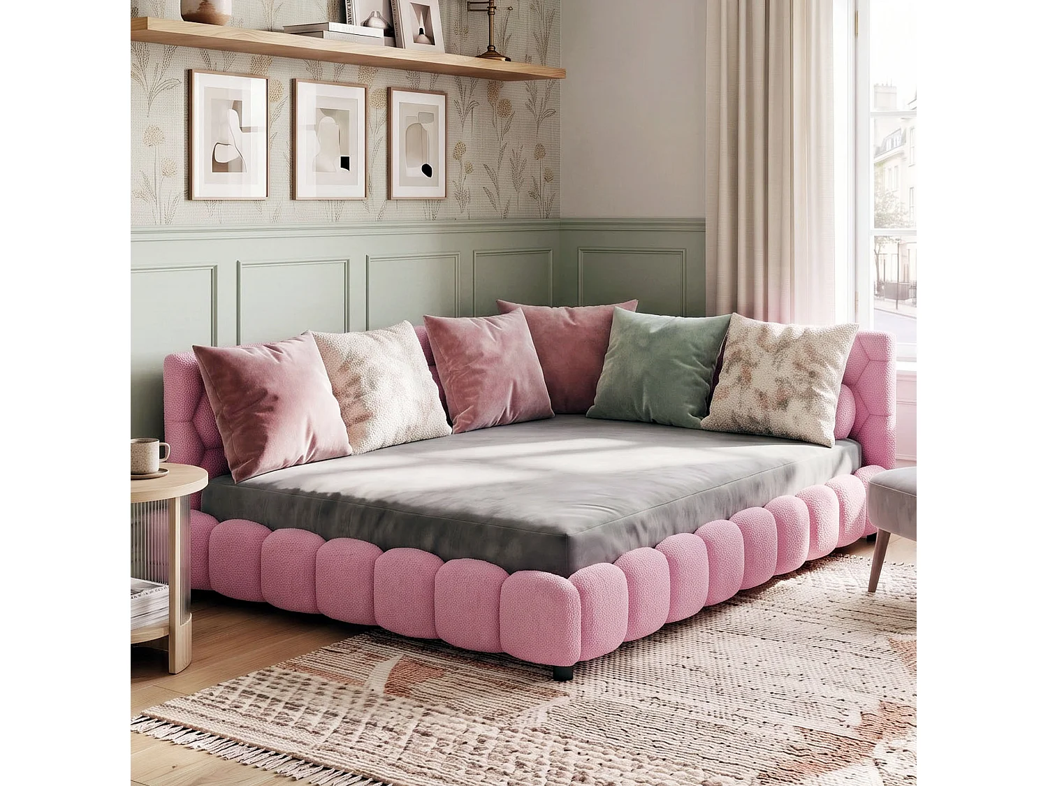 DreamMespace Lit Banquette 140x200 cm - Canapé Lit Double avec LED RGB & Port USB Type-C, Tissu Bouclette Rose