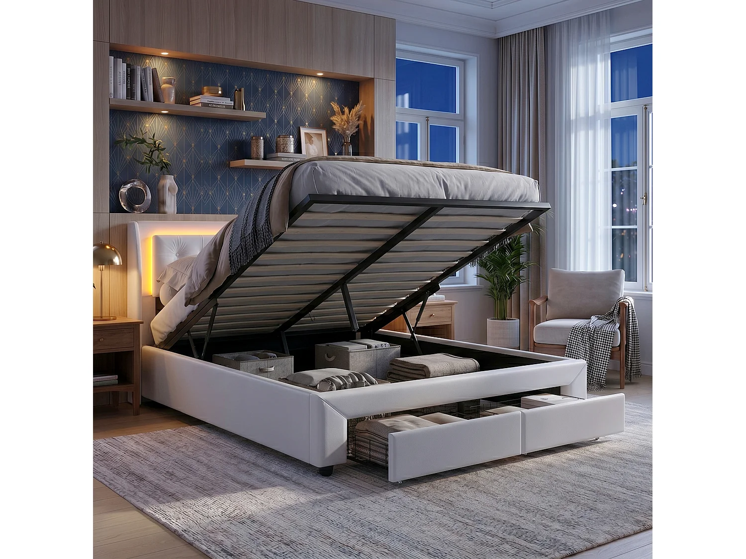 DreamMespace Lit Coffre 160x200 cm Queen Size avec 2 Tiroirs - Lit Double Hydraulique avec LED, Velours Beige