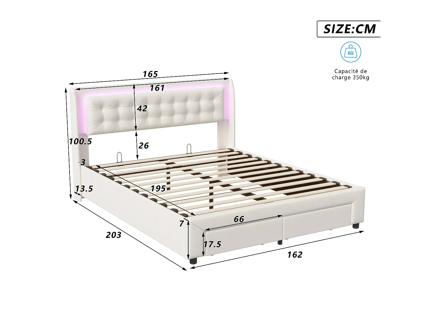 DreamMespace Lit Coffre 160x200 cm Queen Size avec 2 Tiroirs - Lit Double Hydraulique avec LED, Velours Beige