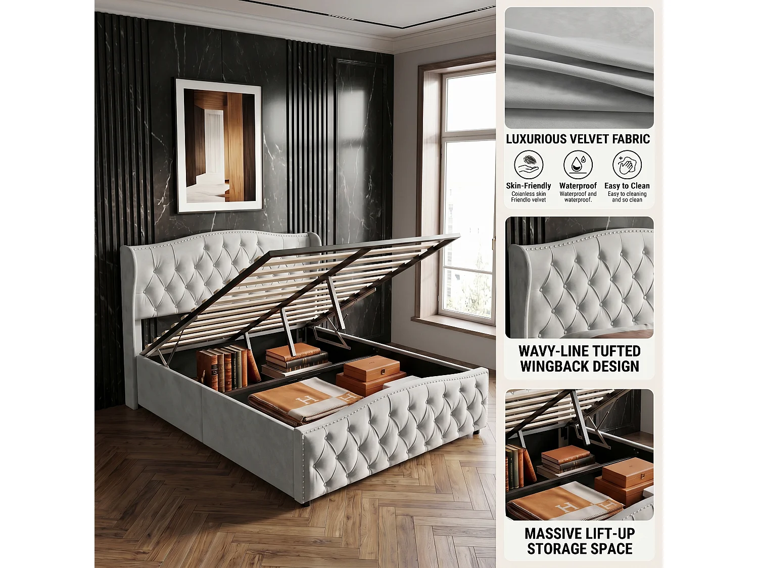 DreamMespace Lit Coffre 140x190 cm - Rangement Hydraulique avec Tête de Lit Vague & Rivets, Velours Gris
