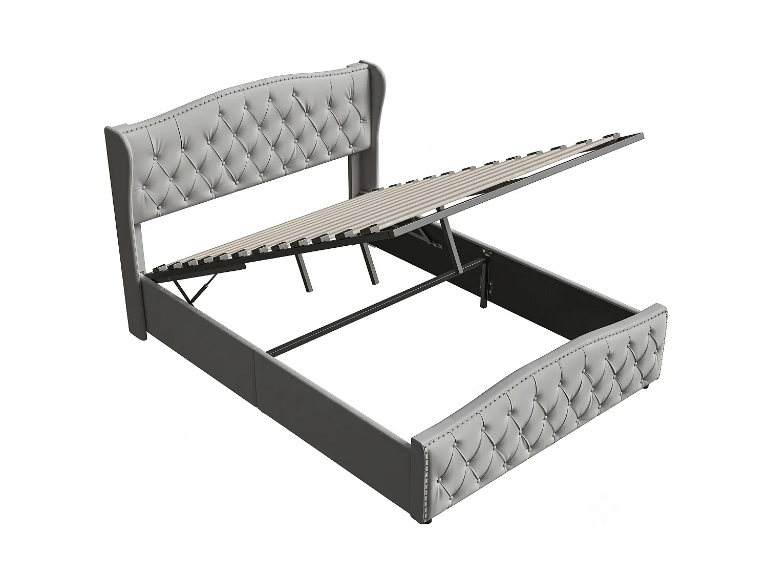 DreamMespace Lit Coffre 140x190 cm - Rangement Hydraulique avec Tête de Lit Vague & Rivets, Velours Gris
