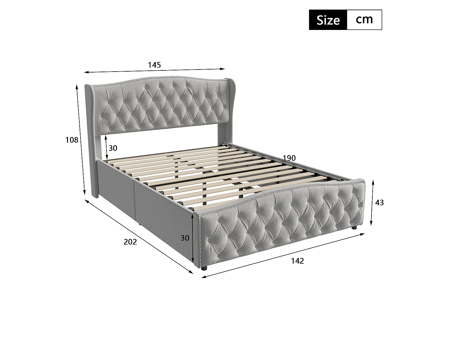 DreamMespace Lit Coffre 140x190 cm - Rangement Hydraulique avec Tête de Lit Vague & Rivets, Velours Gris
