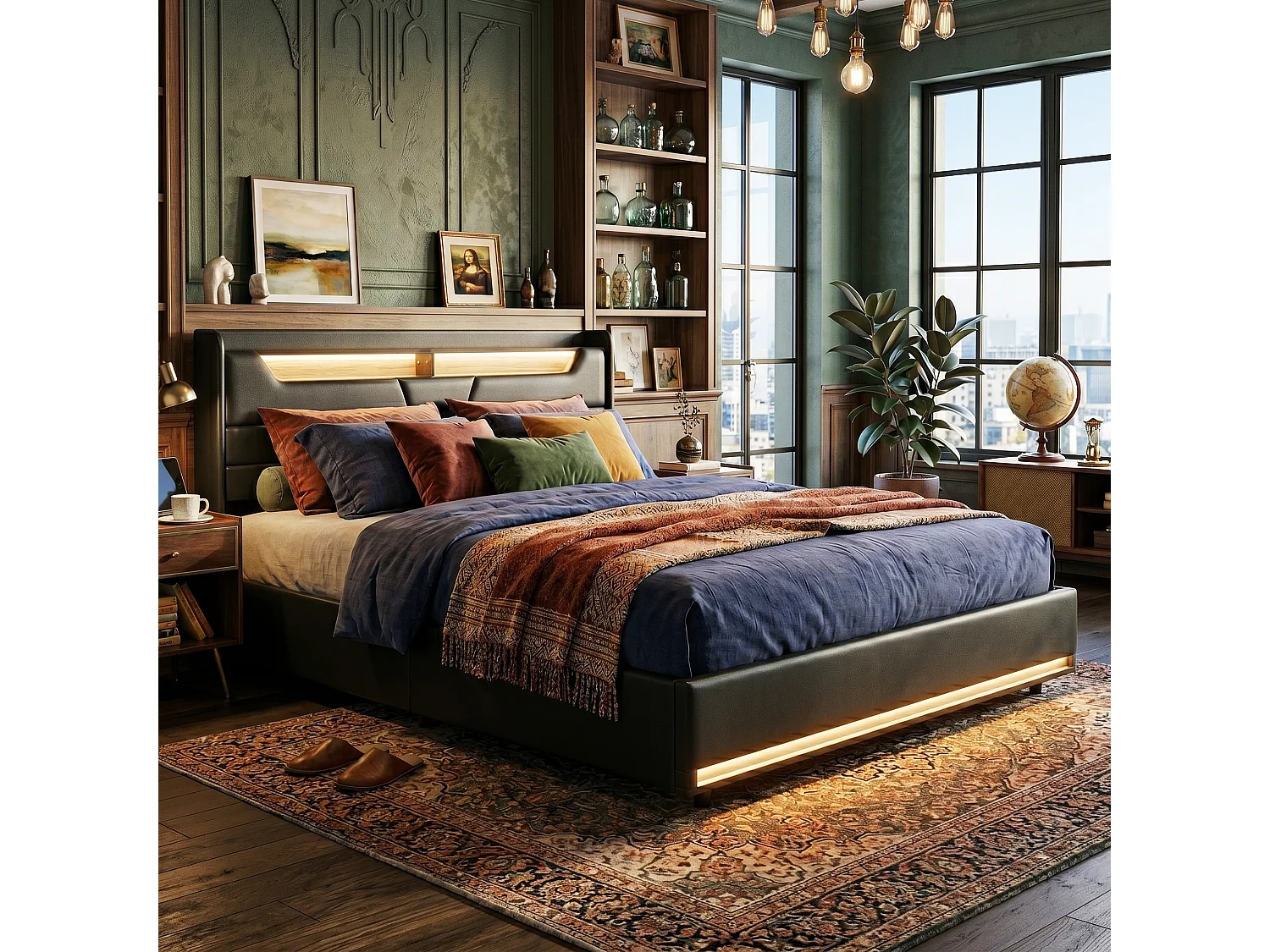 DreamMespace Lit Coffre 140x200 cm - Rangement Hydraulique avec Tête de Lit Prises USB & Double LED, Similicuir Noir