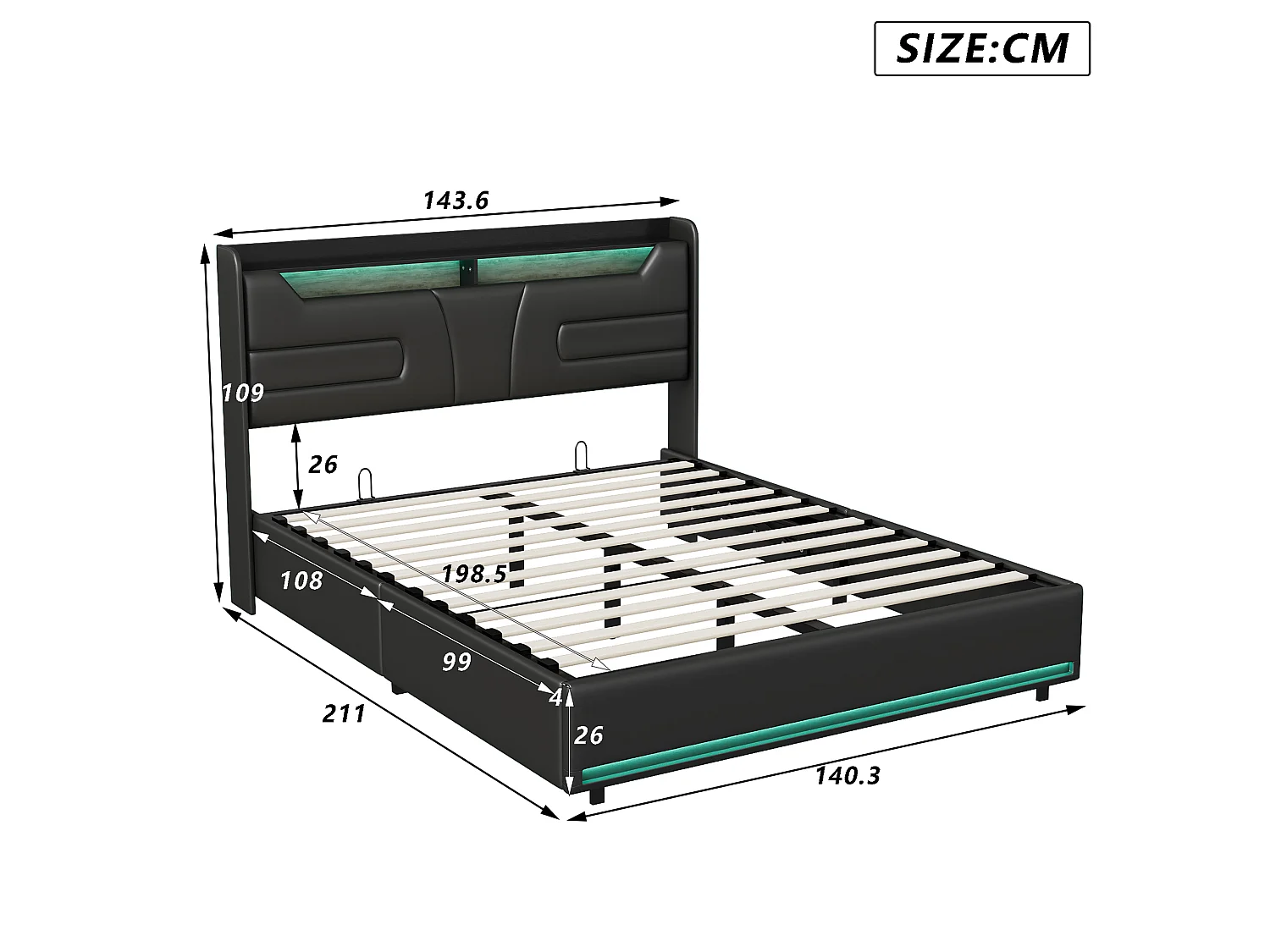 DreamMespace Lit Coffre 140x200 cm - Rangement Hydraulique avec Tête de Lit Prises USB & Double LED, Similicuir Noir