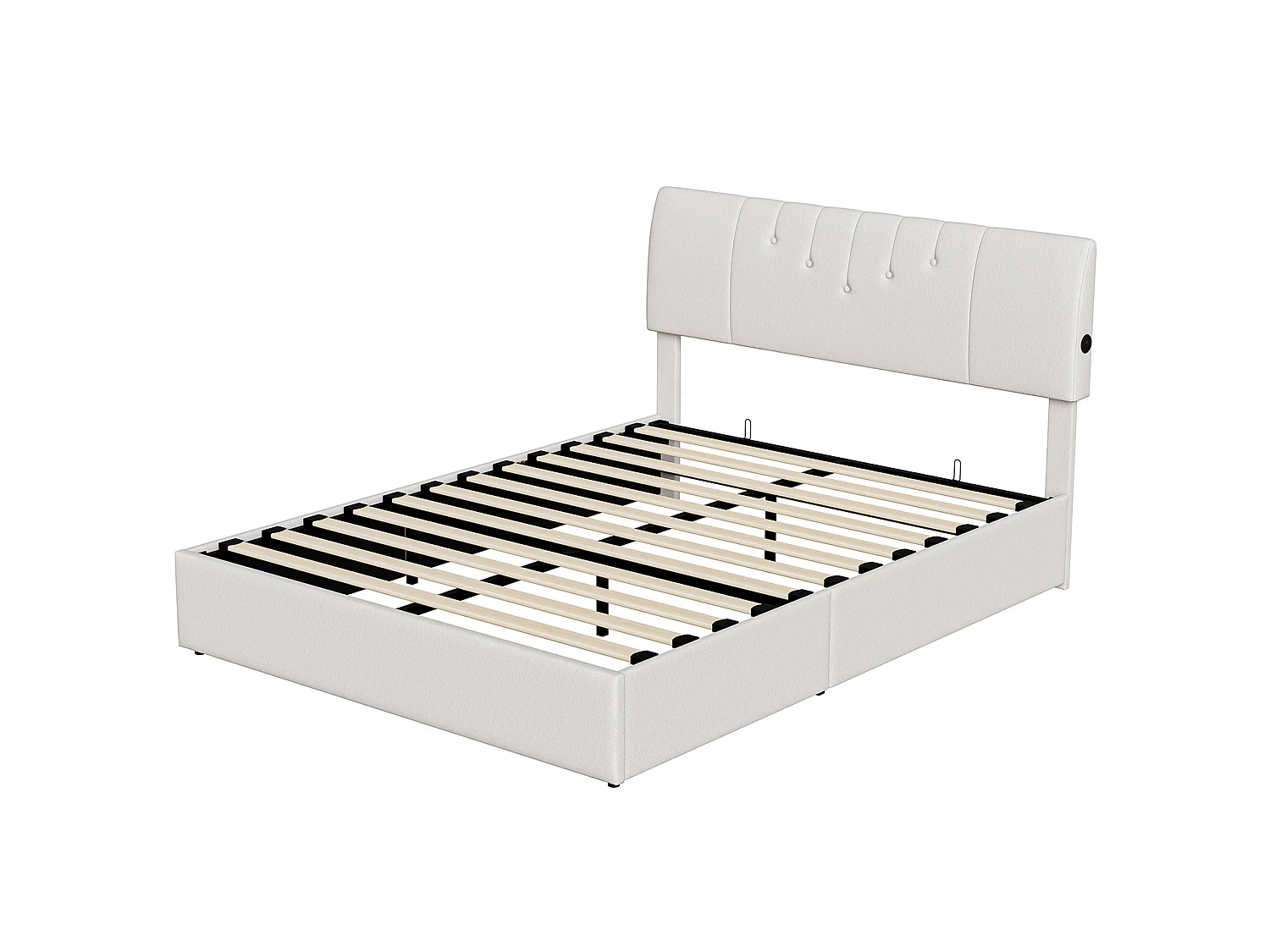DreamMespace Lit Coffre 140x200 cm - Lit Double Hydraulique avec Ports USB-C Bilatéraux, Tissu Bouclette Blanc Cassé