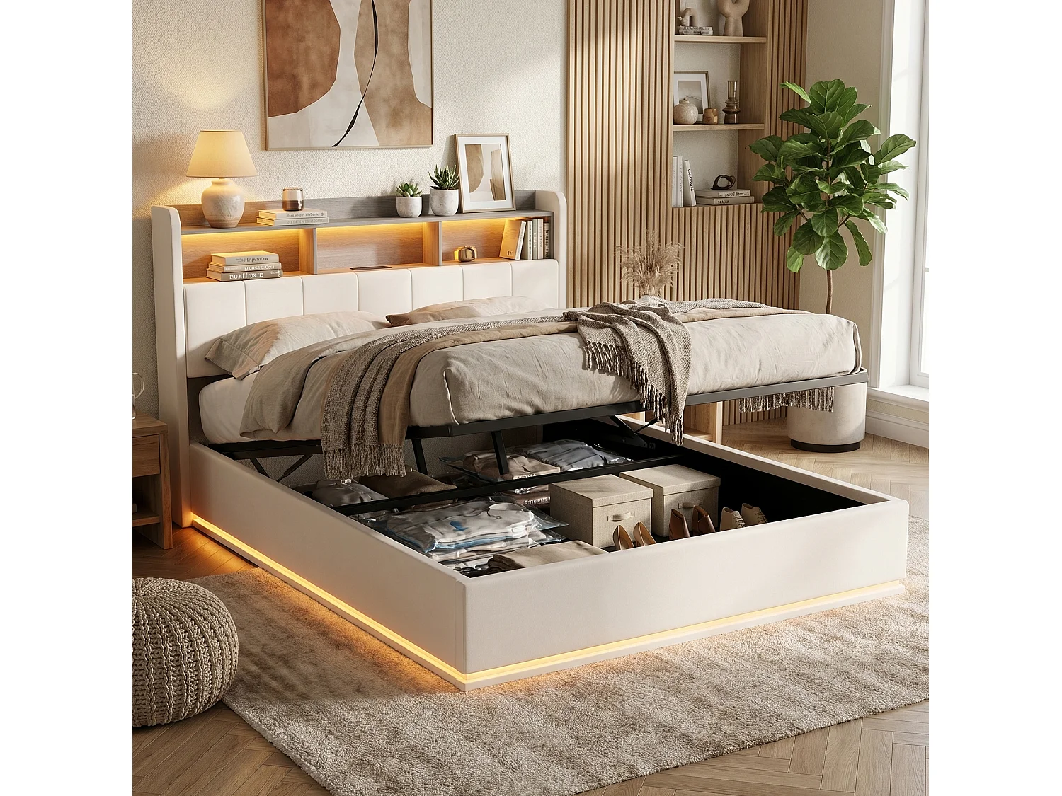 DreamMespace Lit Double 140x200 cm - Lit Coffre Hydraulique avec Tête de Lit Rangement LED & Prise AC USB-C, Velours Blanc