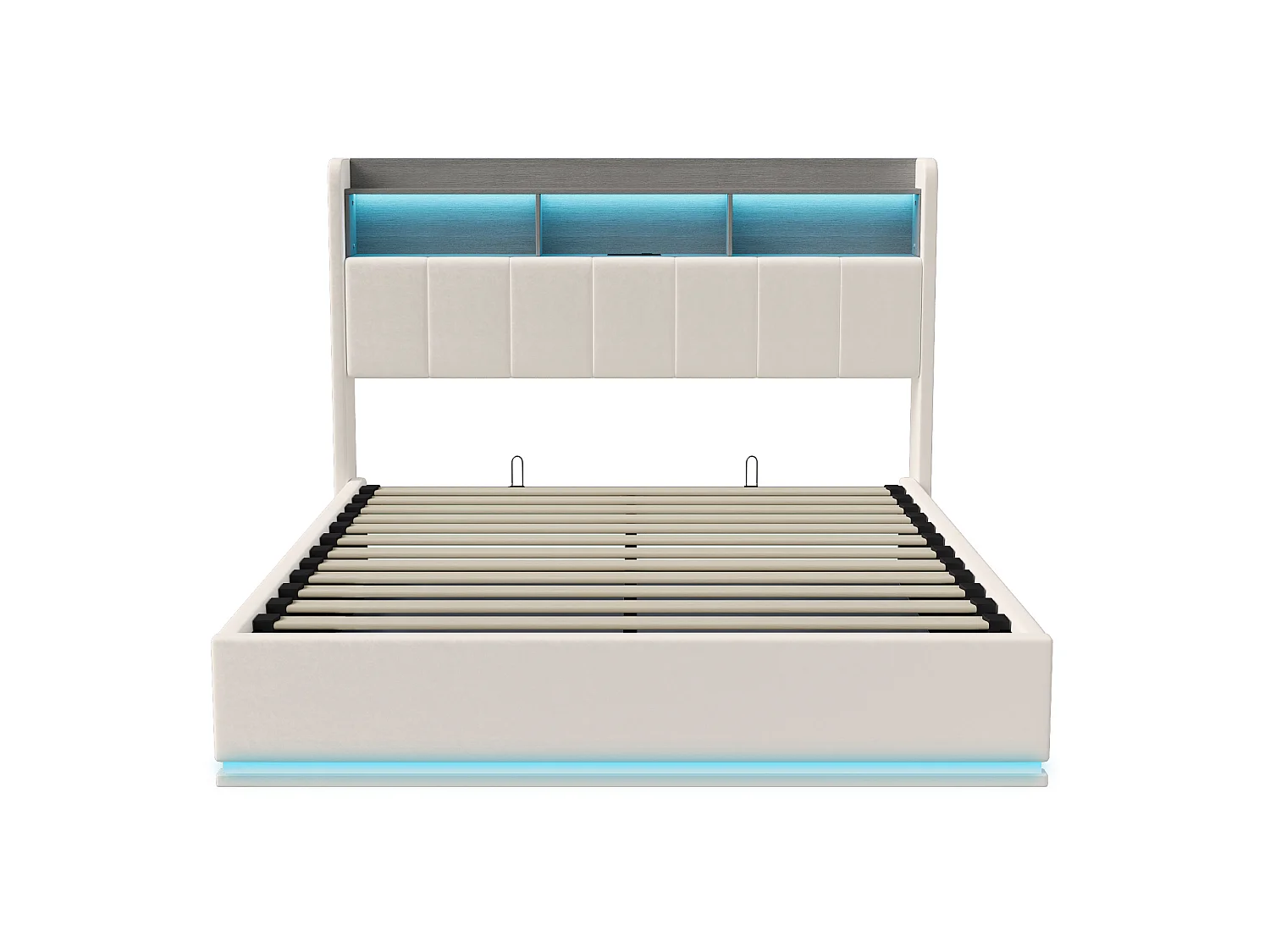 DreamMespace Lit Double 140x200 cm - Lit Coffre Hydraulique avec Tête de Lit Rangement LED & Prise AC USB-C, Velours Blanc