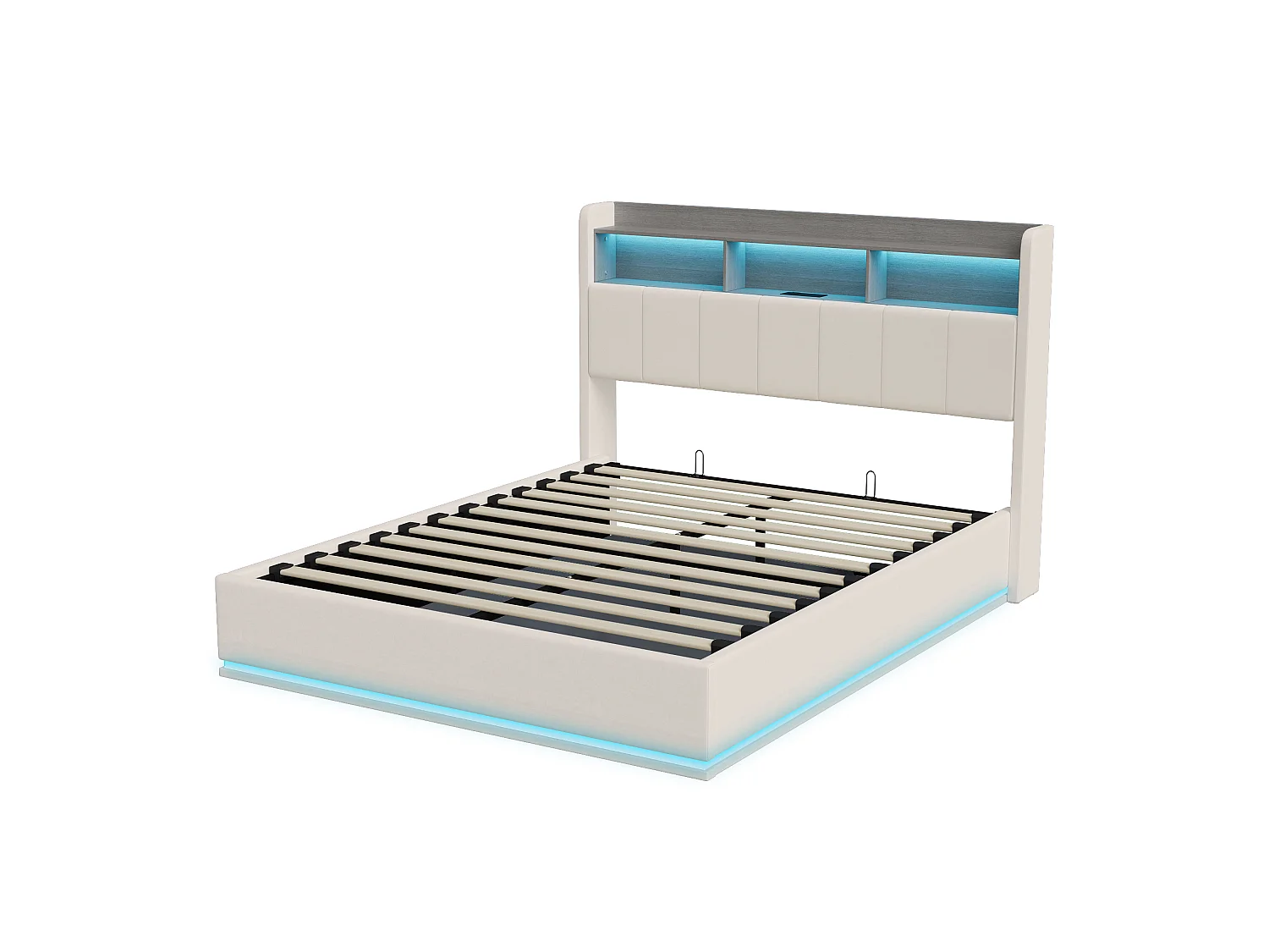 DreamMespace Lit Double 140x200 cm - Lit Coffre Hydraulique avec Tête de Lit Rangement LED & Prise AC USB-C, Velours Blanc