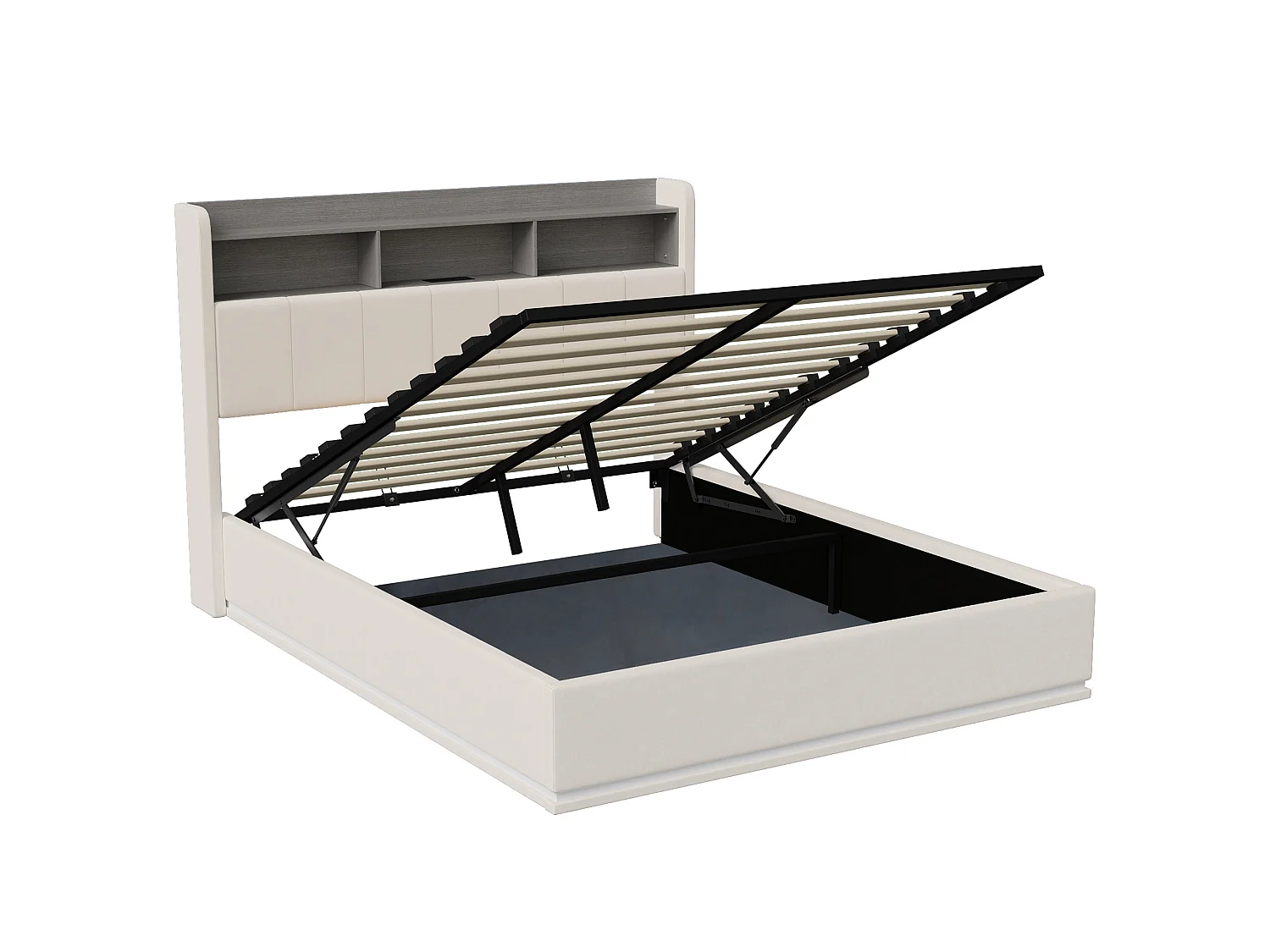 DreamMespace Lit Double 140x200 cm - Lit Coffre Hydraulique avec Tête de Lit Rangement LED & Prise AC USB-C, Velours Blanc