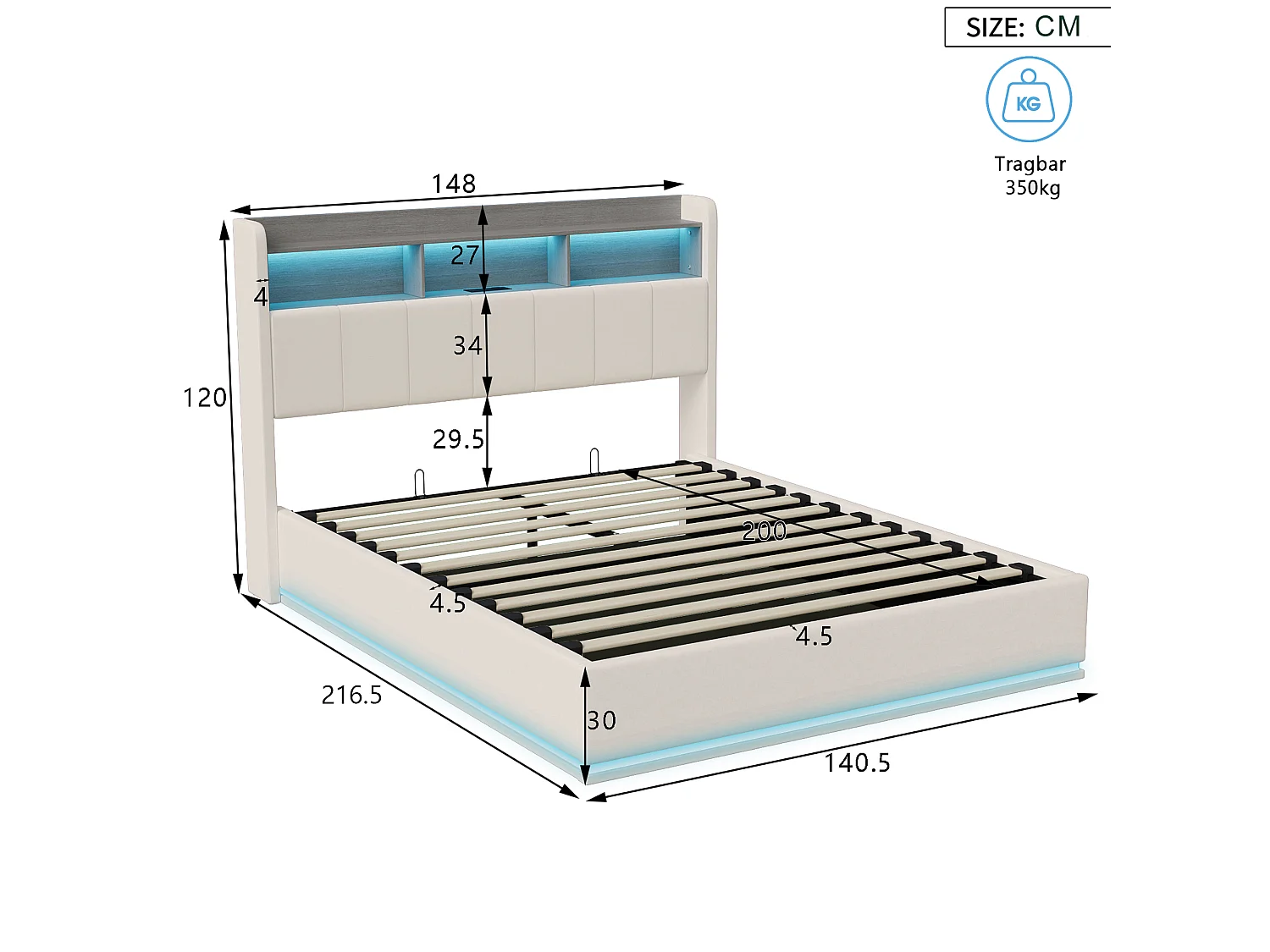 DreamMespace Lit Double 140x200 cm - Lit Coffre Hydraulique avec Tête de Lit Rangement LED & Prise AC USB-C, Velours Blanc