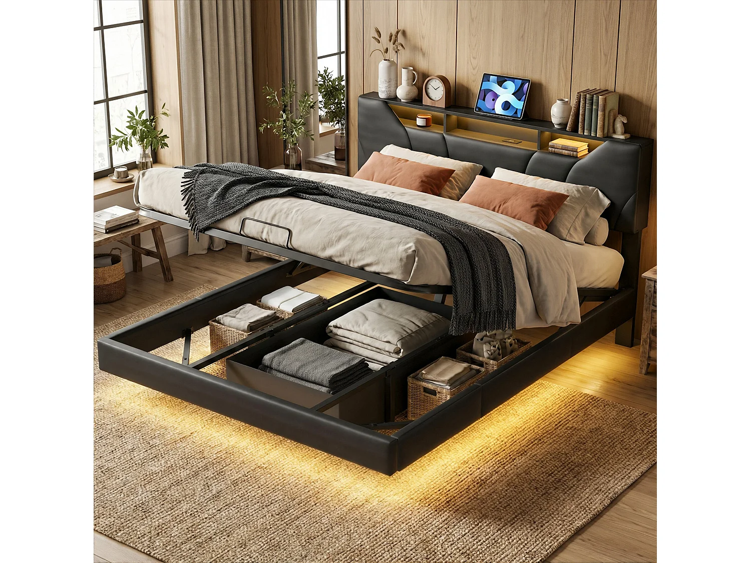 DreamMespace Lit Flottant Coffre 160x200 cm Queen Size - Lit Double avec Tête Rabattable LED & USB-C, Similicuir Noir