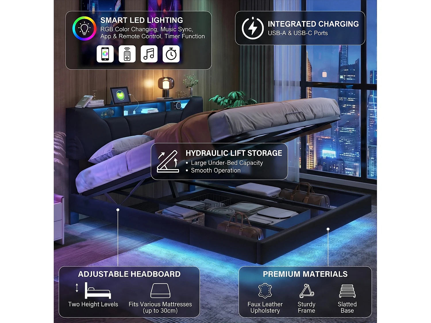 DreamMespace Lit Flottant Coffre 160x200 cm Queen Size - Lit Double avec Tête Rabattable LED & USB-C, Similicuir Noir