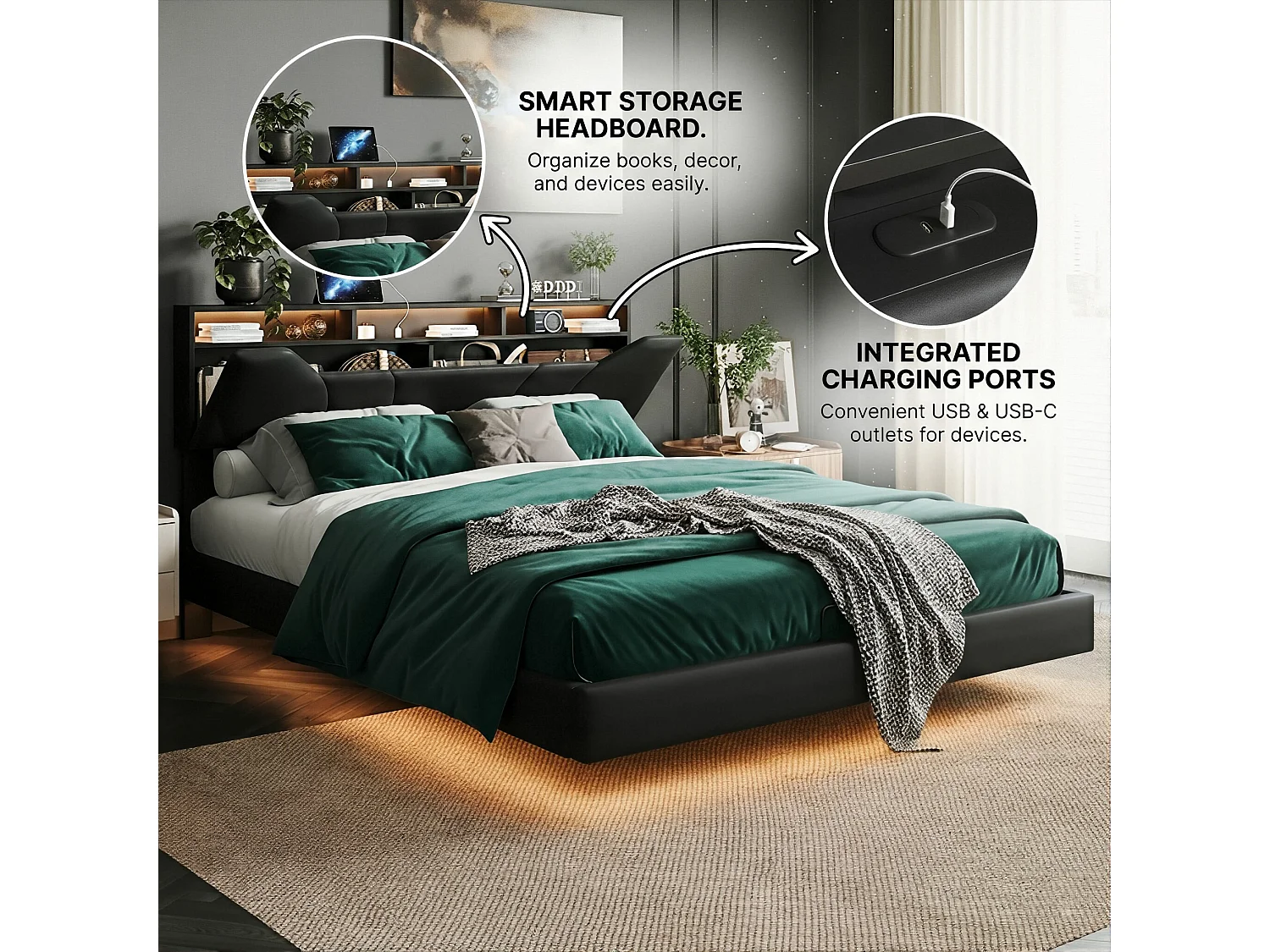 DreamMespace Lit Flottant Coffre 160x200 cm Queen Size - Lit Double avec Tête Rabattable LED & USB-C, Similicuir Noir