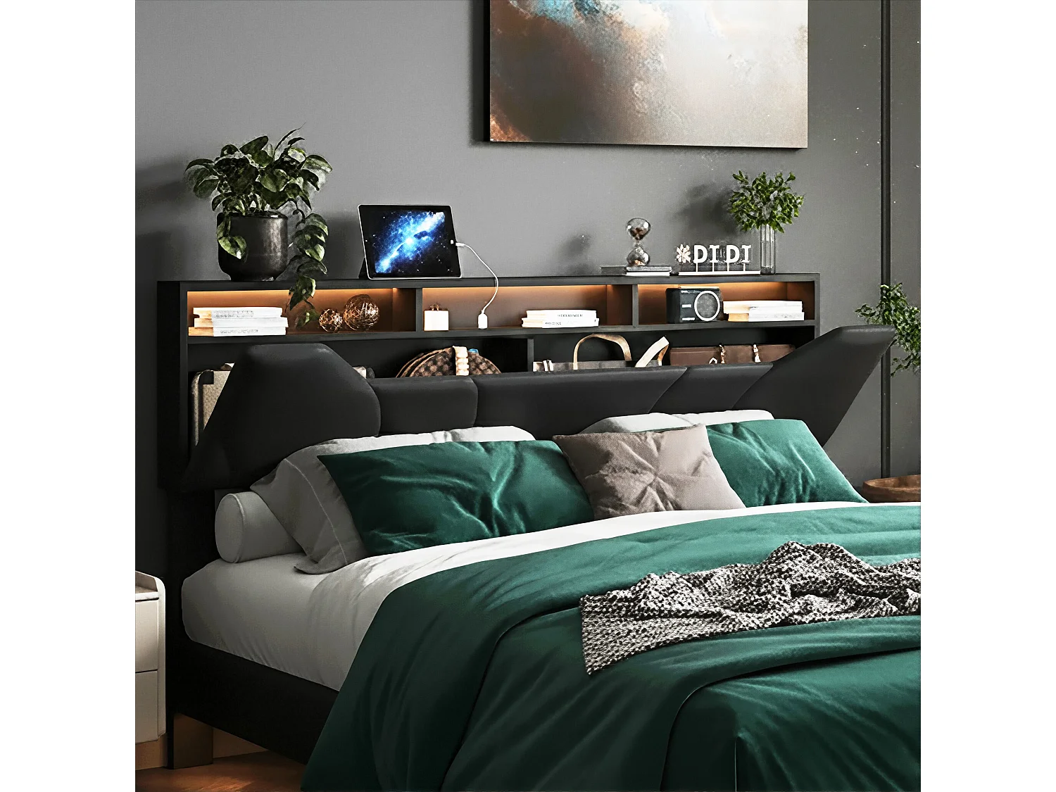 DreamMespace Lit Flottant Coffre 160x200 cm Queen Size - Lit Double avec Tête Rabattable LED & USB-C, Similicuir Noir